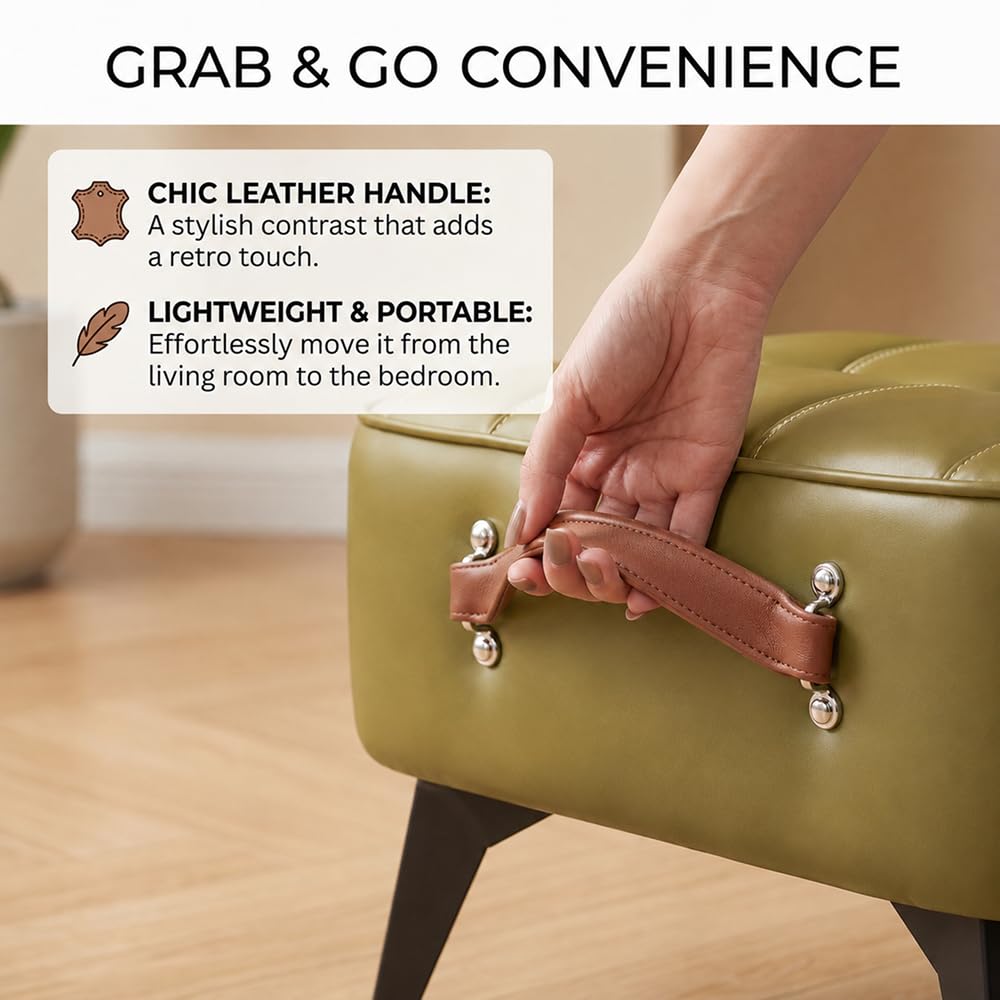 Vintage Style Faux Leather Ottoman Footstool - Wooden Frame, Upholstered Interior, Multi-Use Footrest for Living Room, Entryway, Office (Azure Green)