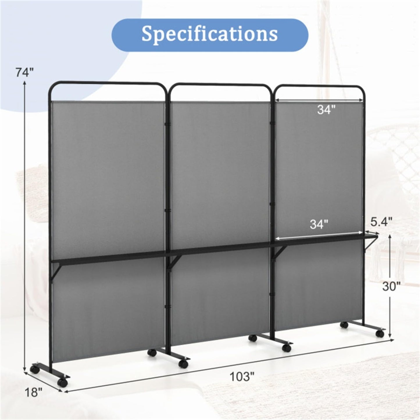 YWGYWG 3 Panel Room Divider with Storage Shelves ， 103" W x 74" H Folding Privacy Screen, Home Office Studio, Fabric Wall Divider for Room Separation (Grey)