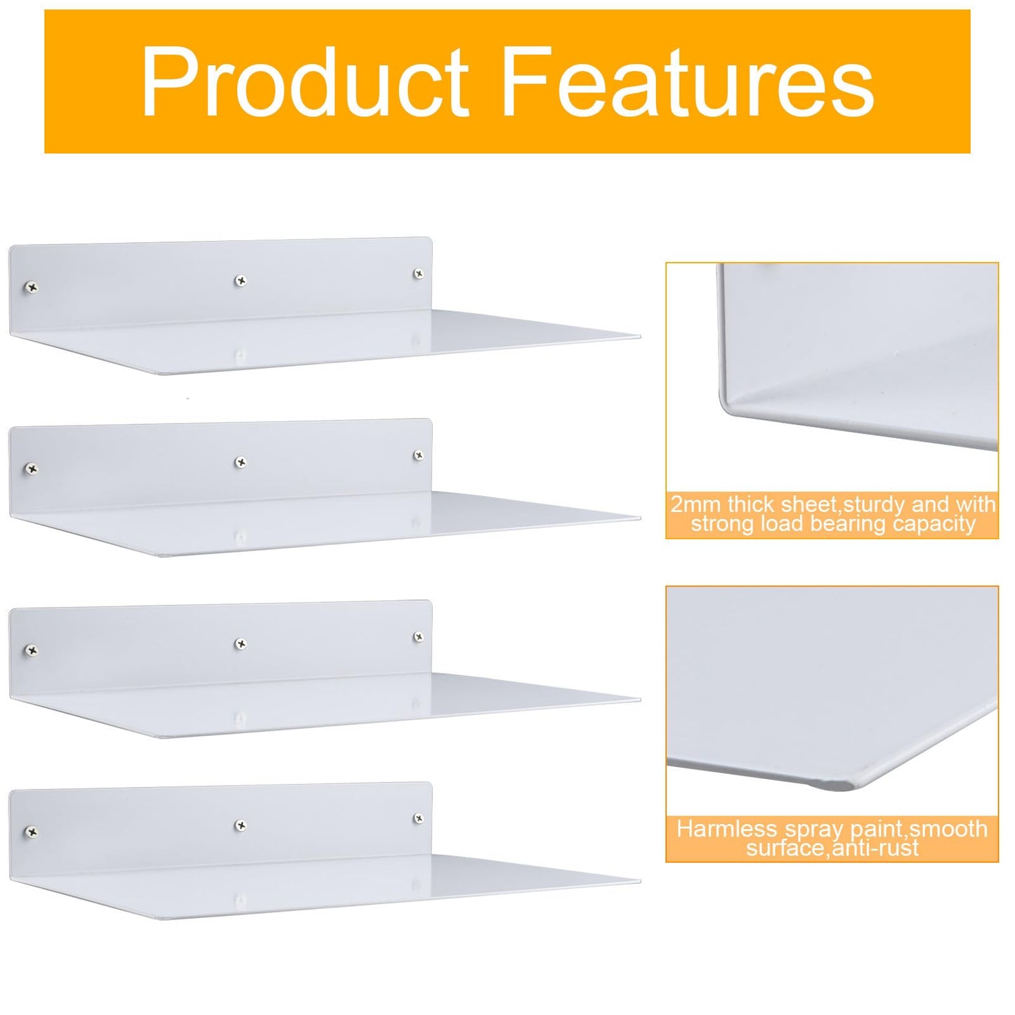RealPlus Metal Floating Shelf Wall Mounted (12 inch x 8 inch) Heavy Duty Industrial Modern Steel Display Shelves, White (Pack of 1)