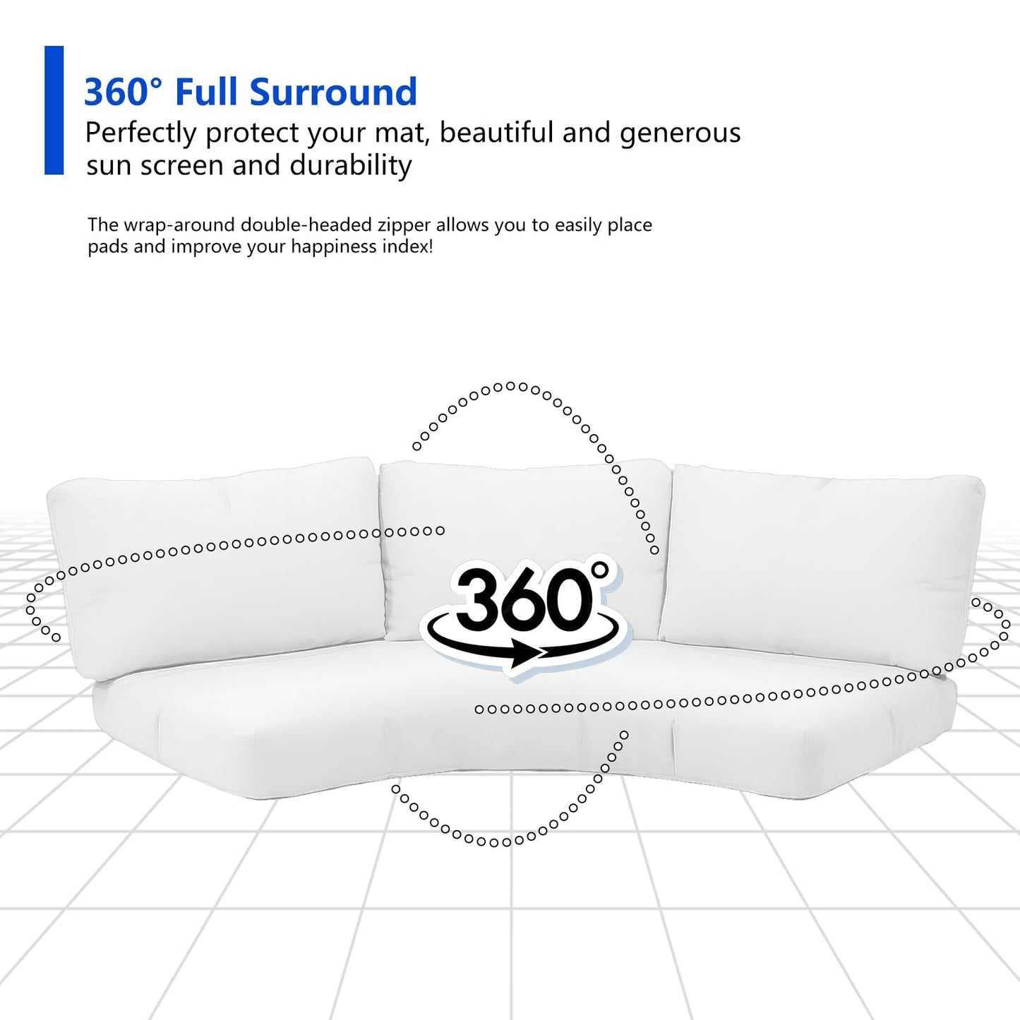 MFPMTUXO Outdoor Curved Sofa Cushion Cover with Zipper & Anti-Slip Particles, Half Moon Patio Furniture Cushions Covers Waterproof, Olefin Fabric-ONLY Cover (White, 77/40 * 28 * 5.3inch)