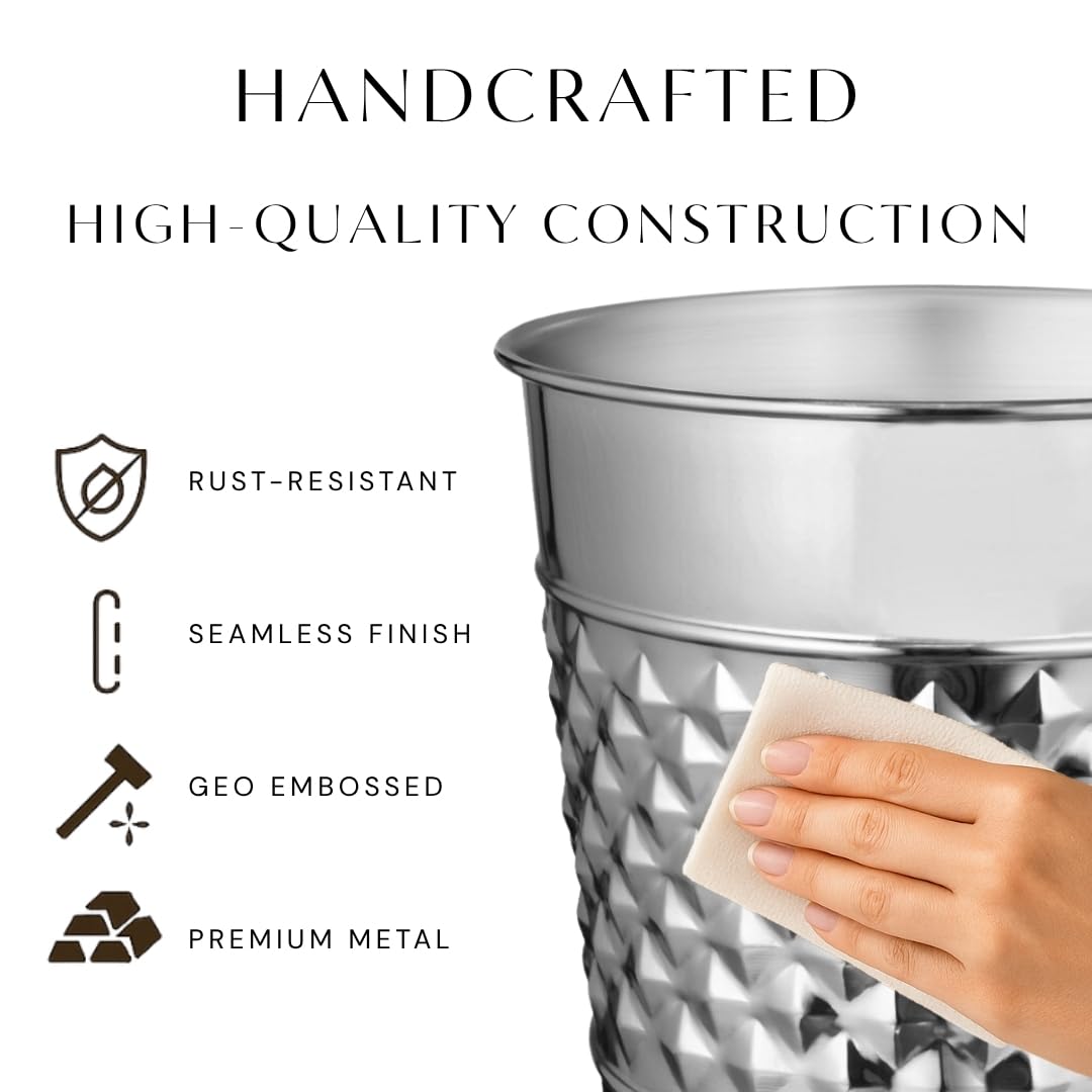 Monarch Abode Metal Bathroom Trash Can – Waste Basket for Bedroom, Office Desk, & Dorm, Handcrafted Geo Embossed, Durable Decorative Nickel Chrome Small Trash Can Bathroom Garbage Bin Wastebasket