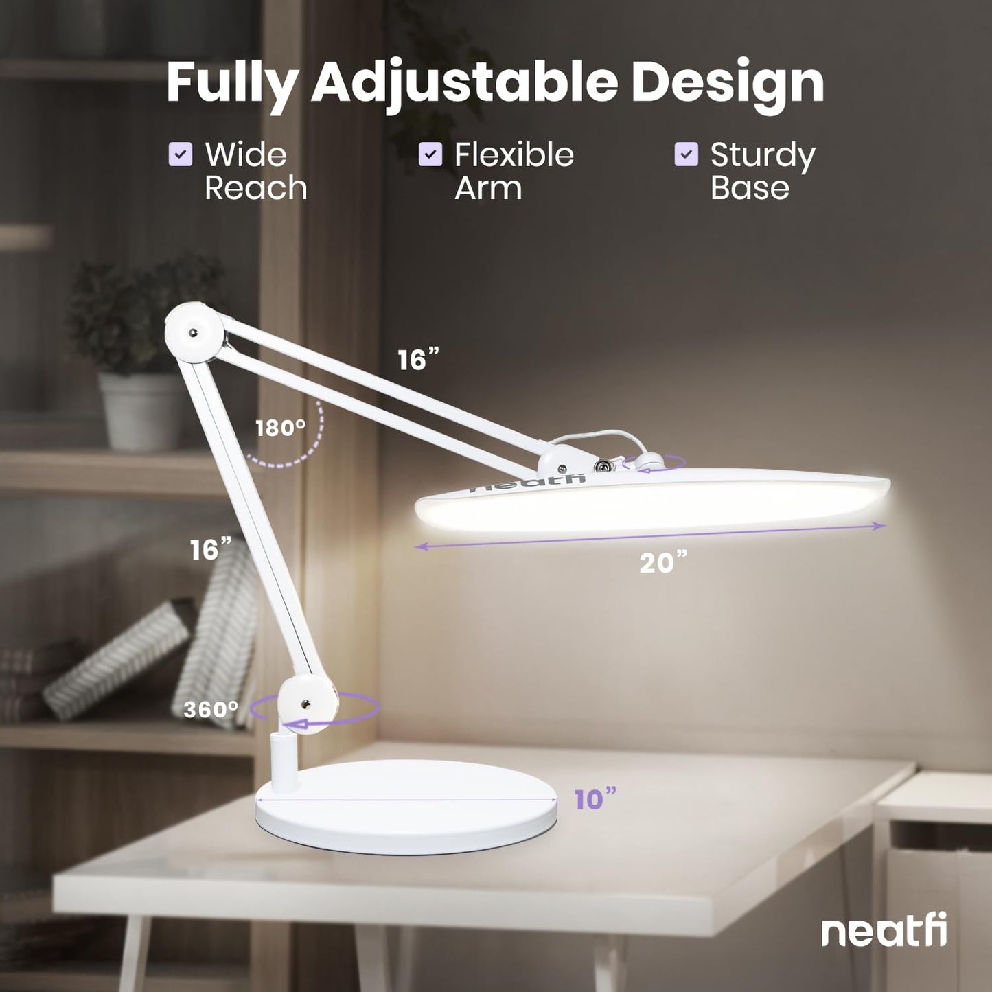 Neatfi XL 2200 Lumens 24W LED Desk Lamp – Shadow-Free Task Lighting | 4-Level Dimming | Home Office & Crafts Use | 20-Inch Wide Head (Gray Wood, Non-CCT with Clamp)