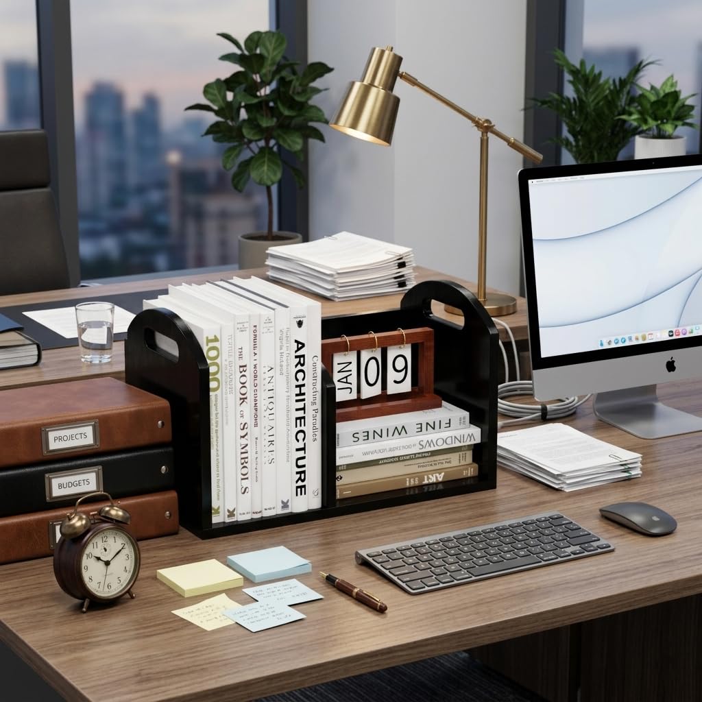 100% Solid Wood Adjustable Desktop Bookshelf, Retro Tabletop Book Shelf File Holder, Vertical Bookshelf Divider Desk Shelf for Home School Office Organization, Perfect for Books Magazine (Black)