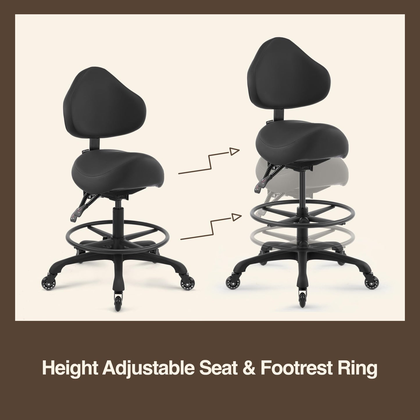 DR.LOMILOMI Pneumatic Swivel Rolling Saddle Chair with Wheels and Ergonomic Back Support for Hair Stylist, Dental Hygienist, Hygienic Clinic, Spa, Massage, Home, Office - Black Vinyl Leather - 510 KOA
