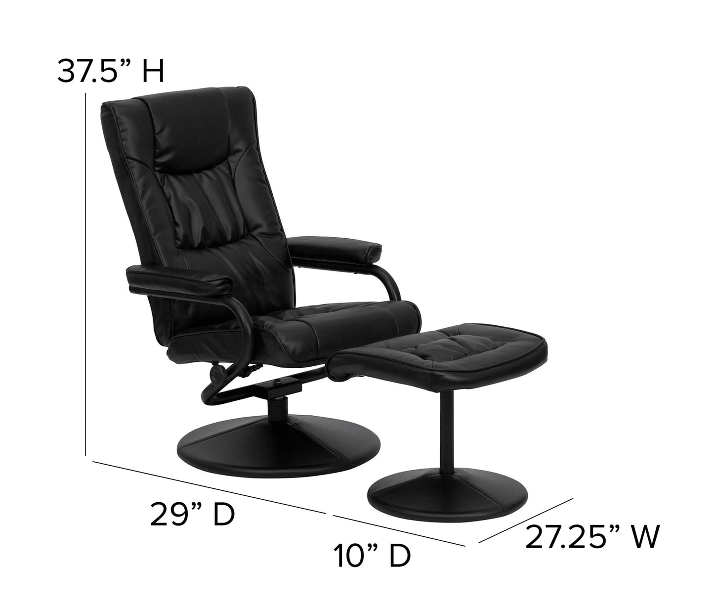 Offex Contemporary Black Leather Recliner and Ottoman with Leather Wrapped Base