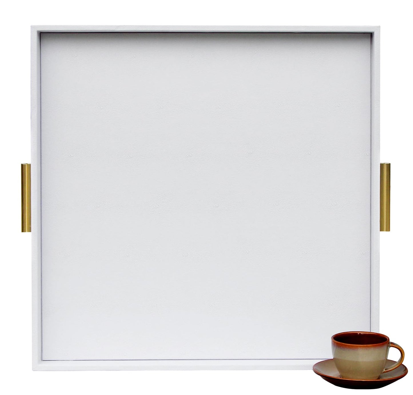 HofferRuffer Extra Large Square Serving Tray, Elegant Faux Leather Ottoman Tray with Gold Hardware Handles, Serve Tea, Coffee or Breakfast in Bed, 24 x 24 inches (White Shagreen)