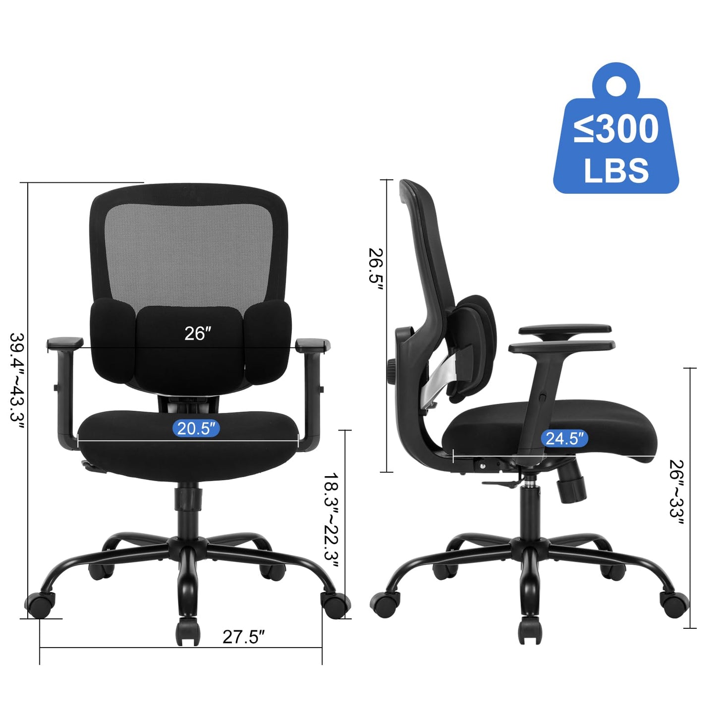 ZLHECTO® Ergonomic Office Chair, Executive Office Chair with Lumbar Support, Adjustable Height Arms 360° Swivel Mesh Desk Chair, Quiet Rolling Computer Chair for Home Office BIFMA Certified-300LBS