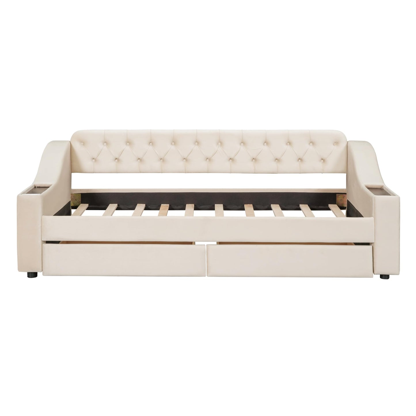 Brisca Twin Size Upholstered Daybed with Storage Armrests and USB Port,Bed Frame W/ 2 Drawers & Wood Slats Support,for Bedroom,Apartment,Guest Room,Beige