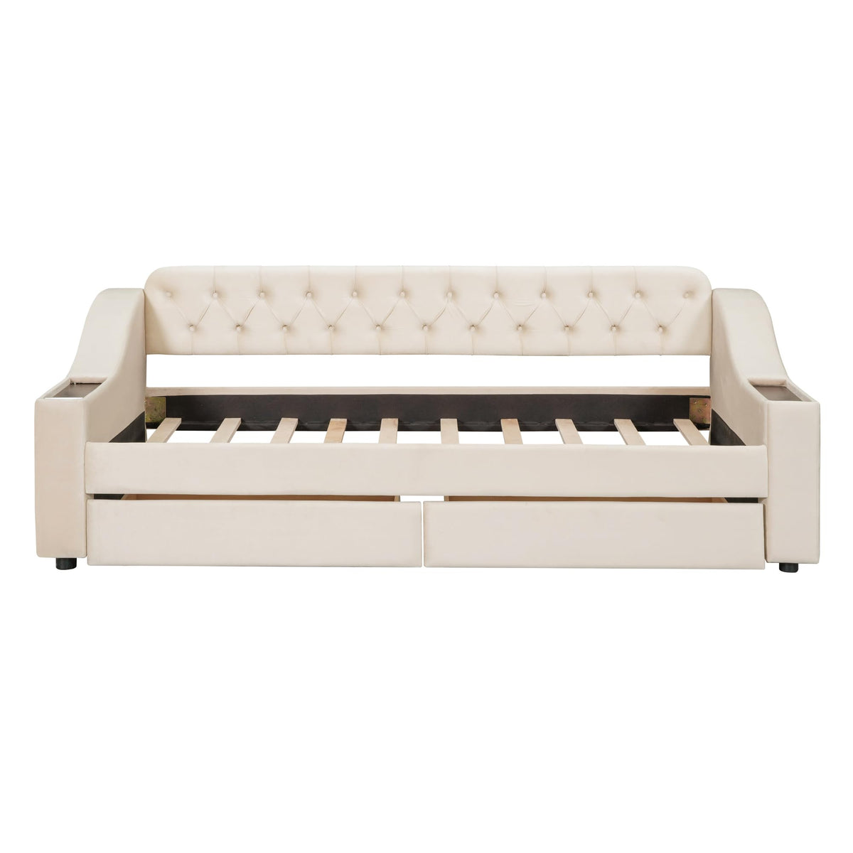 GDFStudio Twin Size Upholstered Daybed with USB Ports and Storage Drawers, Velvet Daybed Frame with Button Tufted Armrests and Wood Slat Support, Beige