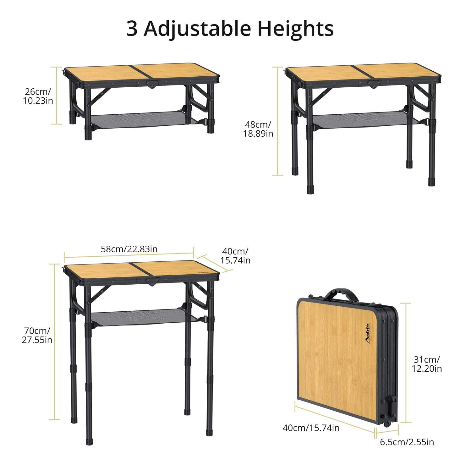 Anbte 2ft Camping Table Foldable with Storage Net, 3 Adjustable Heights Aluminum Small Folding Table Lightweight, Portable Handle for Travel Outdoor Beach Camping Picnic, 23.2" x 16", Light Oak Grain