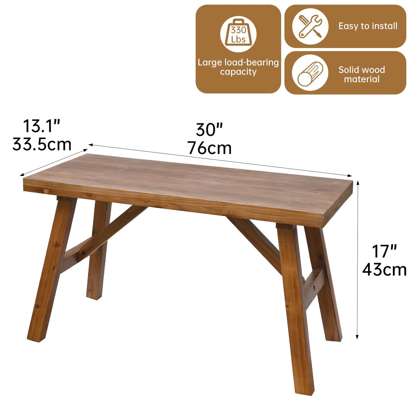 Handcrafted Solid Wood Bench, 30" - Farmhouse-Style Burnt Brown Entryway Seating for Living & Dining Room, Rustic Design, Natural Finish