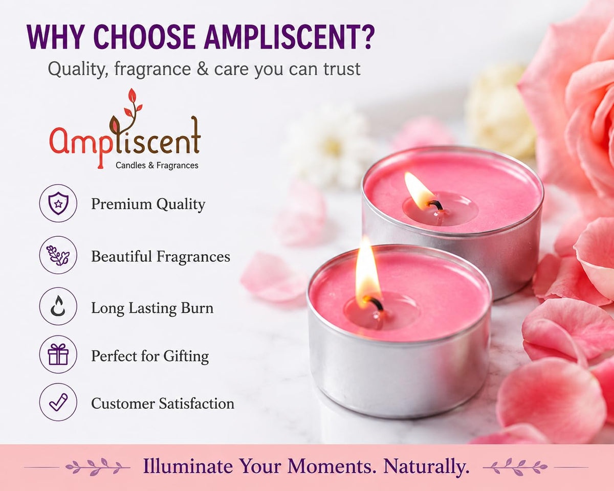 Ampliscent TeaLights Candles I Rose + French Lavender + Jasmine I Pack of 3-30 Premium Tealights I Long-Lasting Aroma | Scented Wax Tealights for Home Decor, Meditation, Christmas & Holiday Gifts