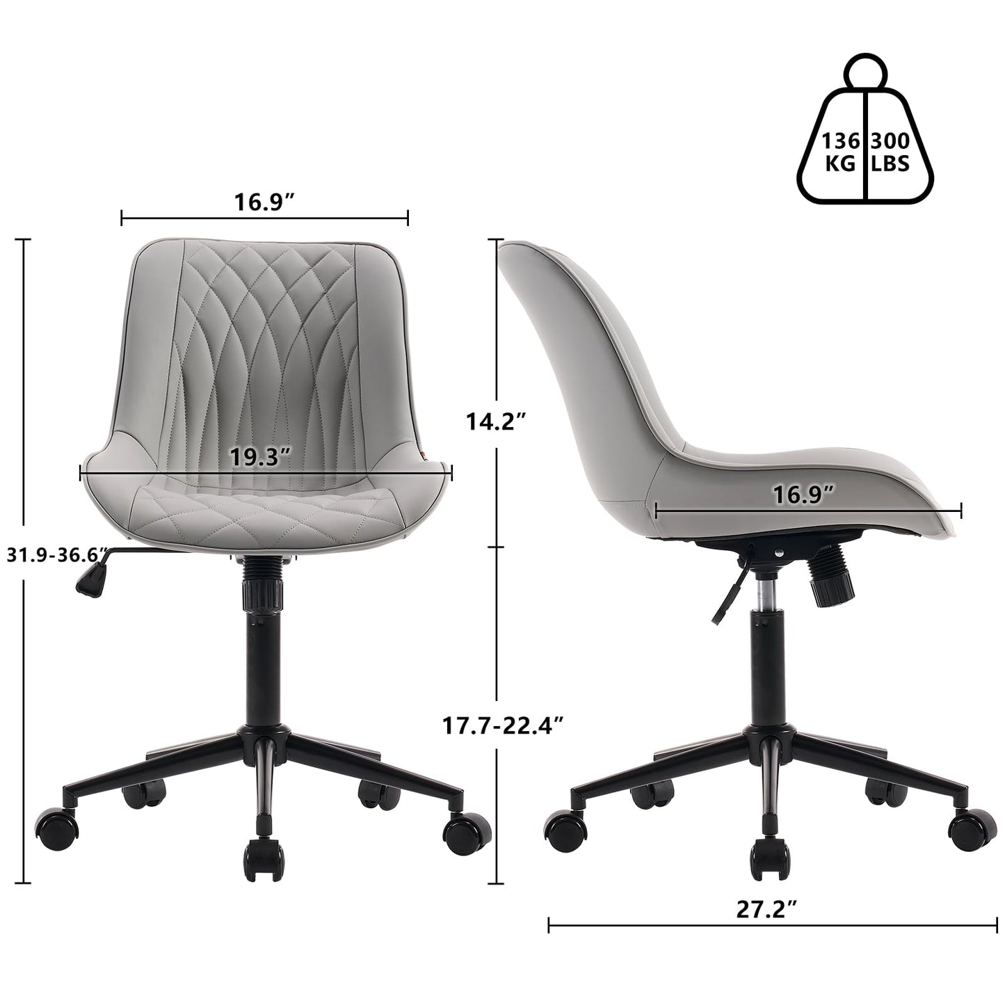 YOUNIKE Faux Leather Ergonomic Office Chair Armless Comfy Desk Chair with Rocking Back Cute Swivel Vanity Chair with Wheels Height Adjustable Small Computer Task Chair for Sewing Drafting Grey