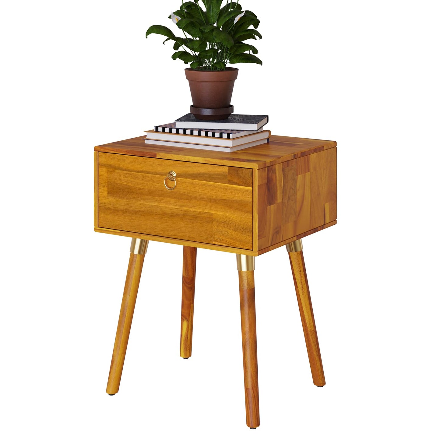 Bme Alden Solid Wood Nightstand/Side Table/End Table, Fully Assembled, with 1-Drawer for Mid Century Bedroom and Living Room, (12mm), Caramel