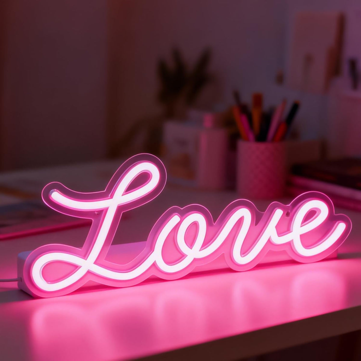 Miootly Love Neon Sign, LED Love Light up Sign Wall Decor for Girl Bedroom Christmas Valentine's Day Wife Women Birthday Gift Living Room Home Decor, 16"x 6" USB Powered 10 Pink Brightness Light up
