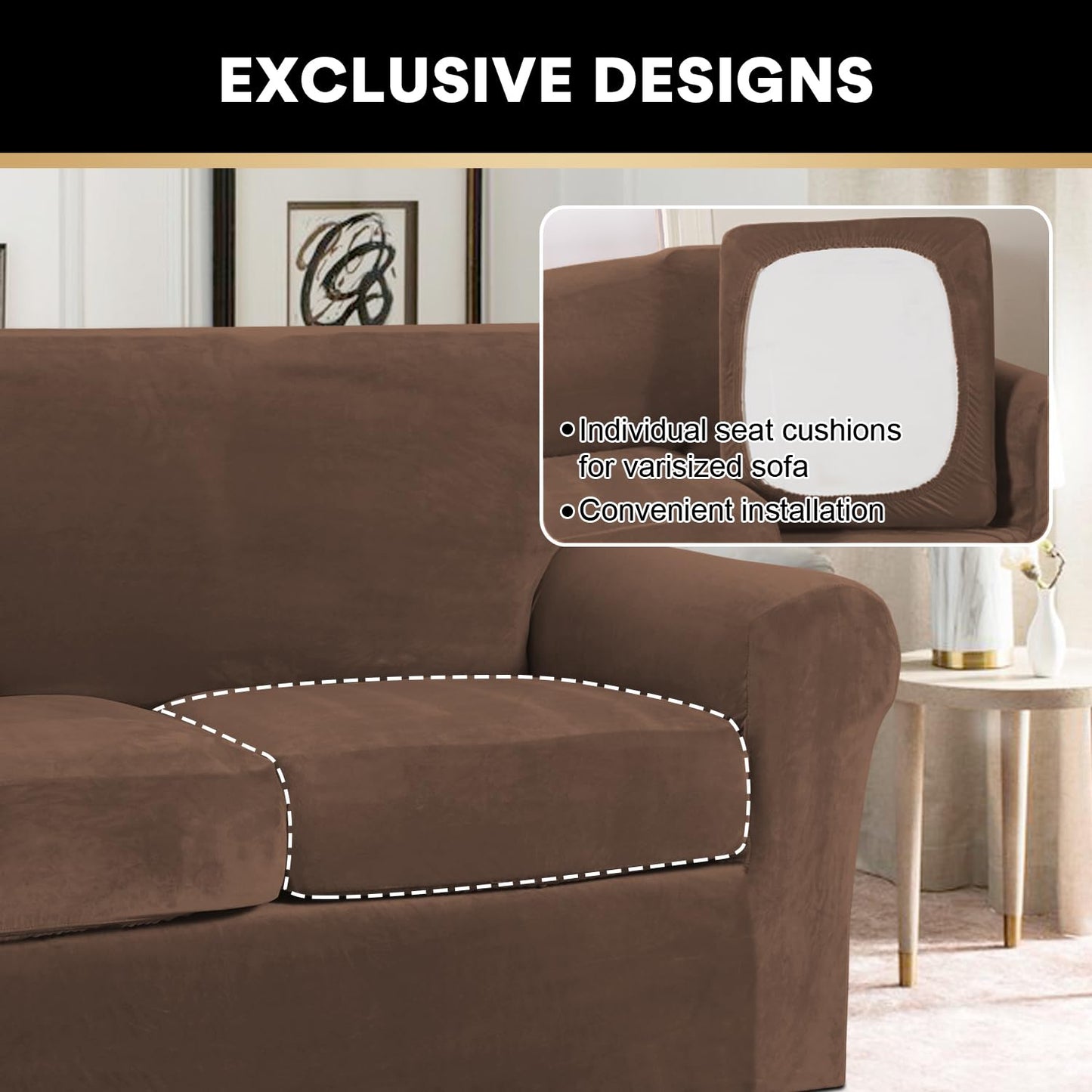 PrinceDeco Velvet Couch Cover Loveseat Covers for 2 Cushion Couch 3 Piece Sofa Covers for Dogs Washable Loveseat Covers Width Up to 72 Inch No Slip Stretch Sofa Slipcover(Medium, Caramel)