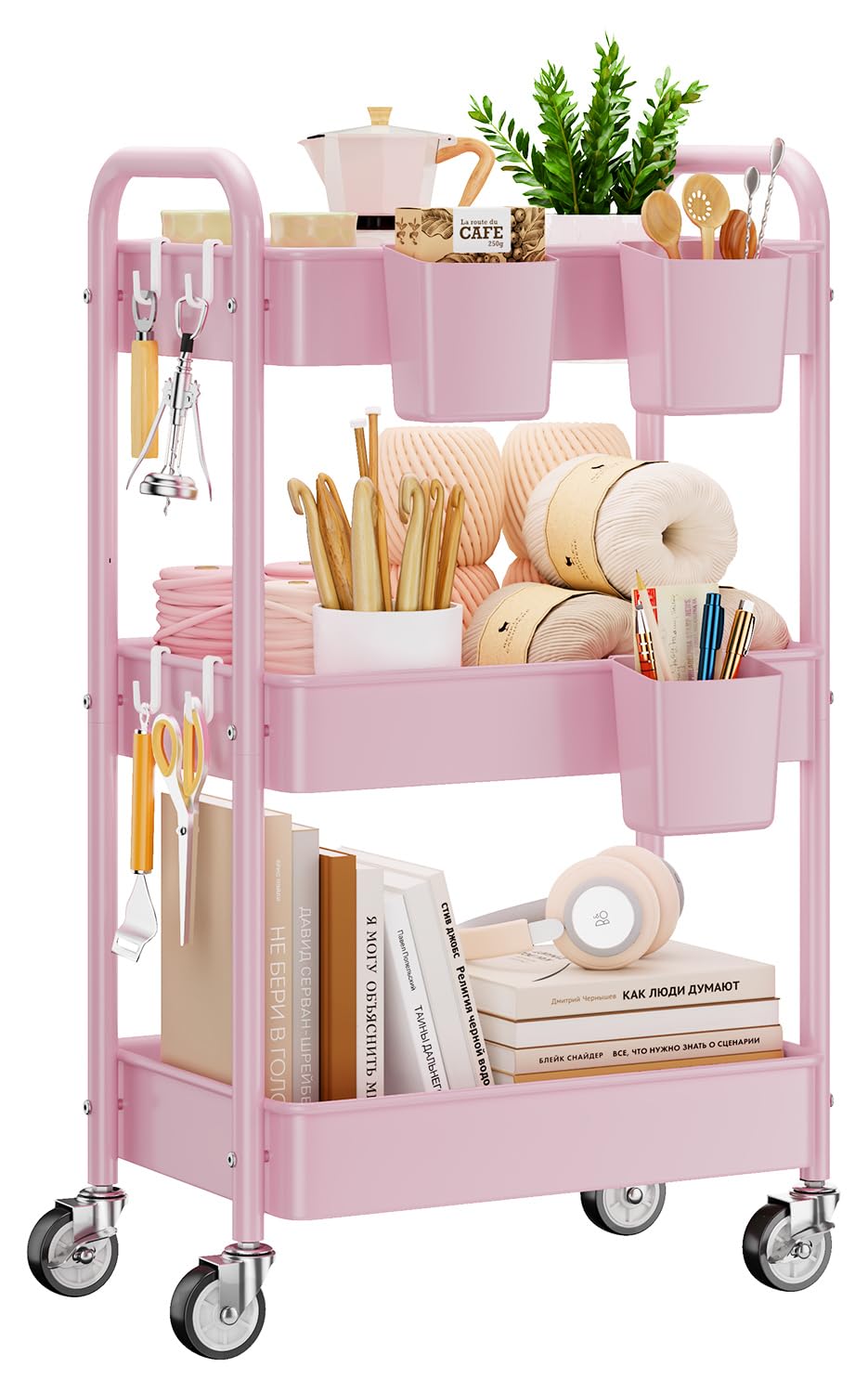 YASONIC 3-Tier Metal Rolling Cart, Heavy Duty Utility Cart with Lockable Wheels, Hanging Cups, Hooks, Mesh Rolling Storage Cart Craft Organizer, Lightweight and Sturdy, Pink