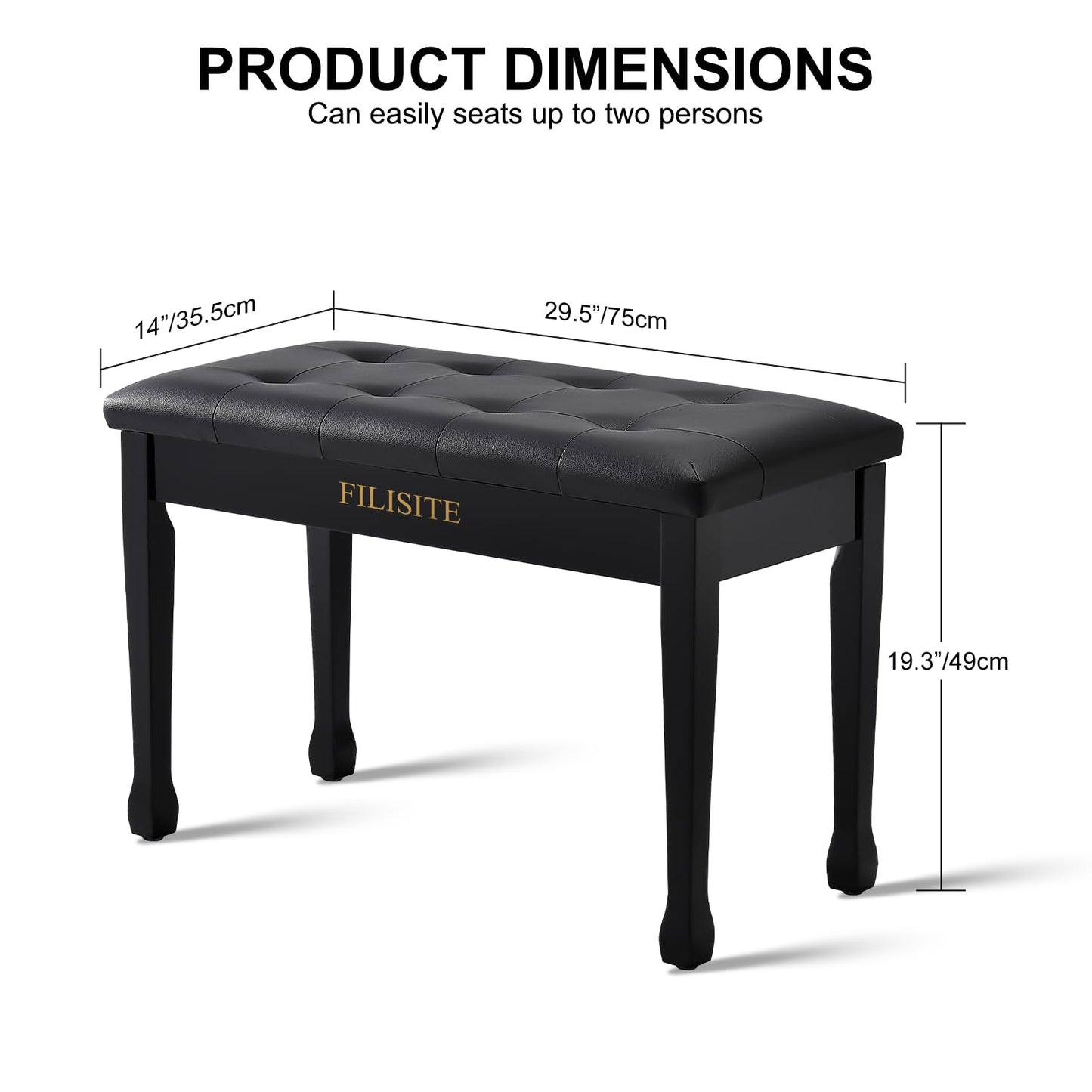 FILISITE Duet Piano Bench with Storage, Wooden Piano Stool with Waterproof Padded Cushion, Bench Seat for Vanity, Living Room, Bedroom (Black)