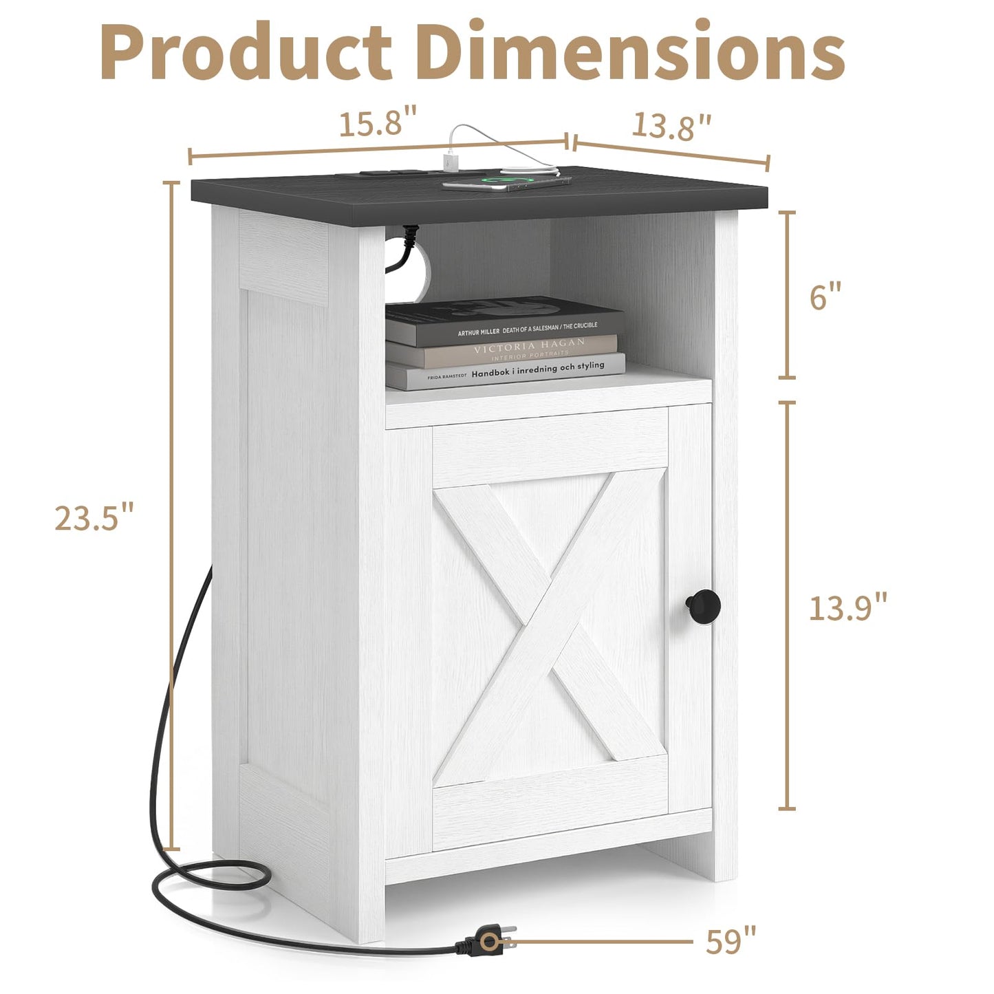 AURINEST Farmhouse End Table Set of 2 w/Charging Station, Nightstands w/Barn Door&Storage Shelf, Rustic Bedside Table for Living Room, Bedroom, Entryway, Office, Small Spaces, White