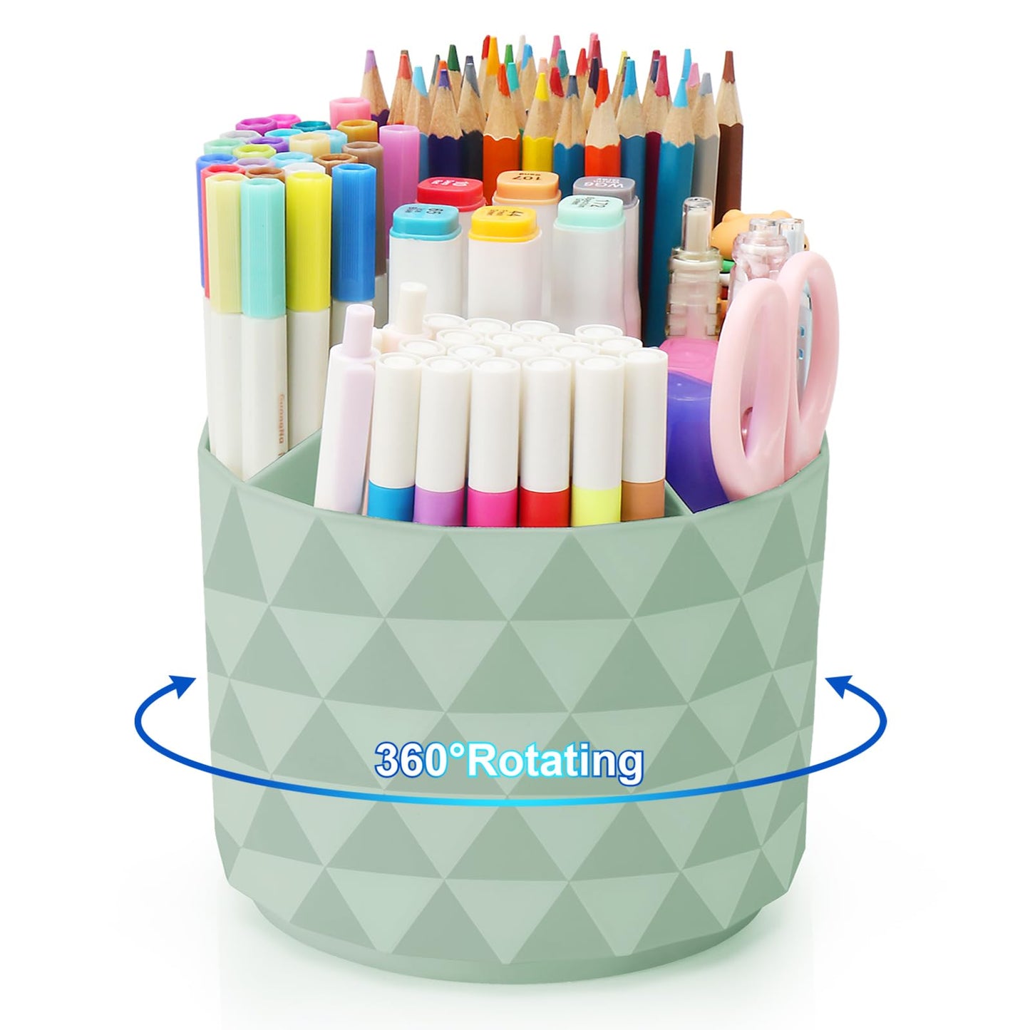 Nuozme Desk Organizer, 360-Degree Rotating Pencil Pen Holders For Desk, Diamond Pattern Pen Organizer With 5 Compartments, Cute Desk Accessories Decor For Office, School,Home,Art Supply (Green)