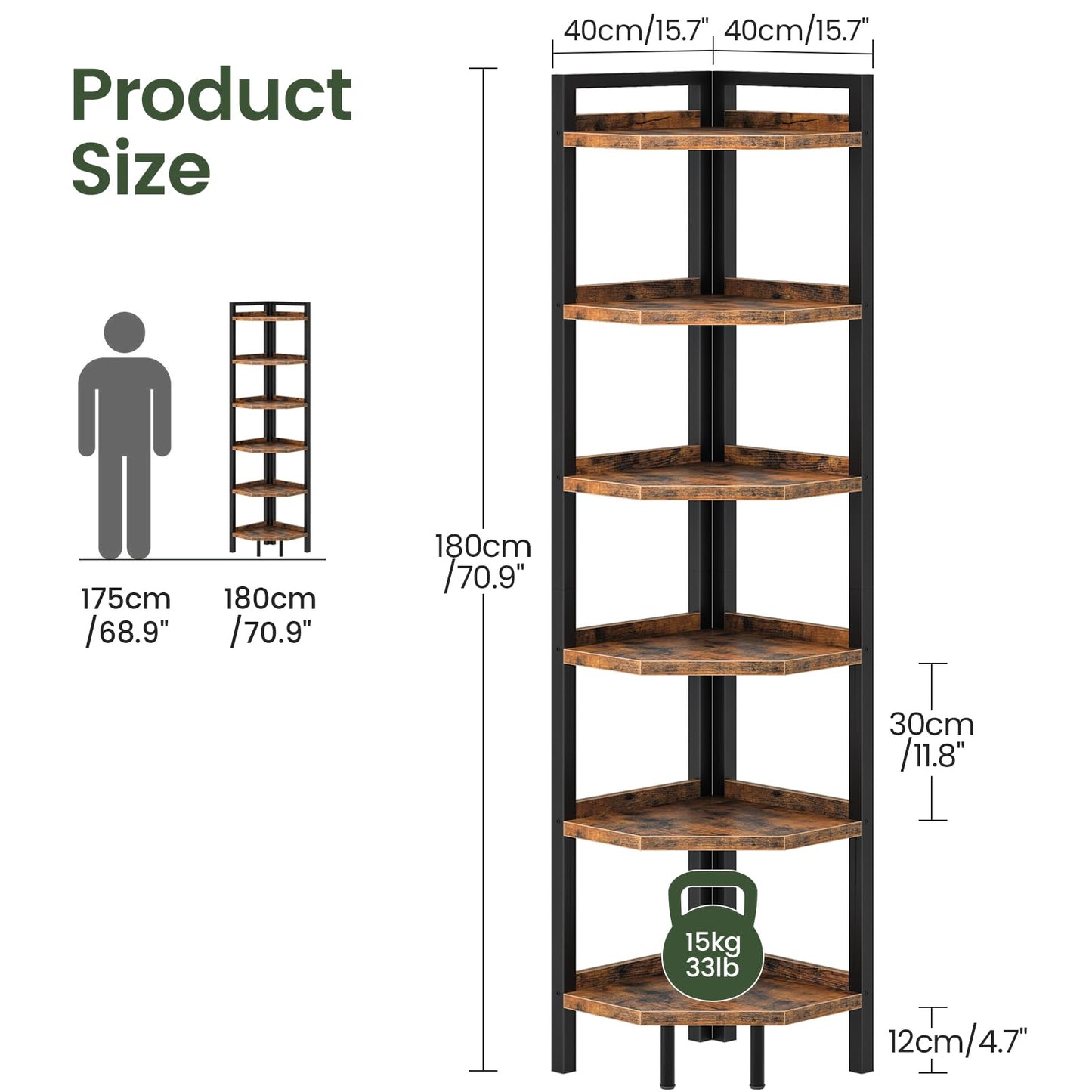 CHOEZON 6-Tier Corner Shelf, Tall Corner Bookshelf, Freestanding Storage Stand, Display Shelving for Living Room, Bedroom, Home Office, Rustic Brown and Black TCJ39BF