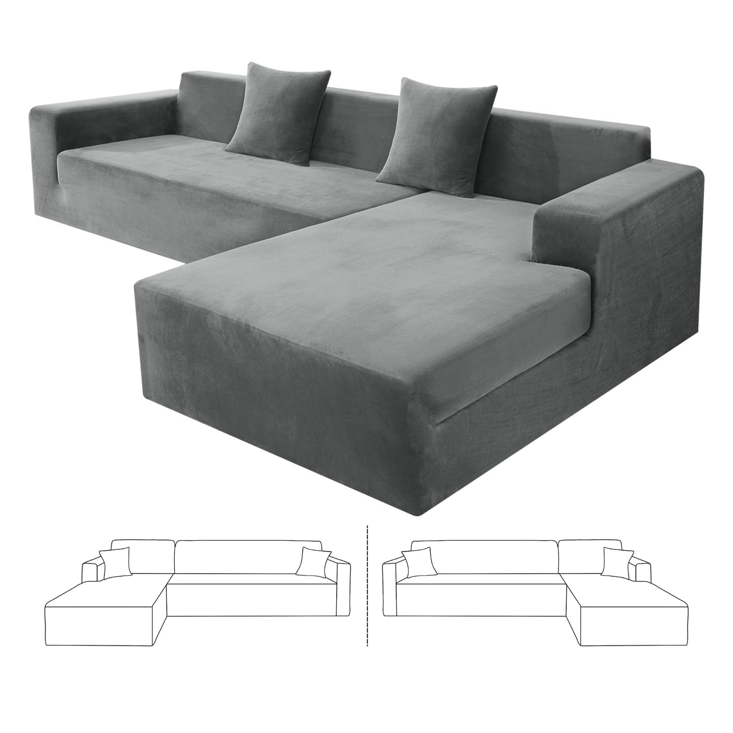 ZNSAYOTX 2026 Soft Velvet Sectional Couch Covers, Luxury Plush Slipcovers with Elastic Bottom for L Shape Sectional Sofa, 2 Pcs Pet Friendly Protector (3 Seat Couch + 2 Seat Chaise, Grey)