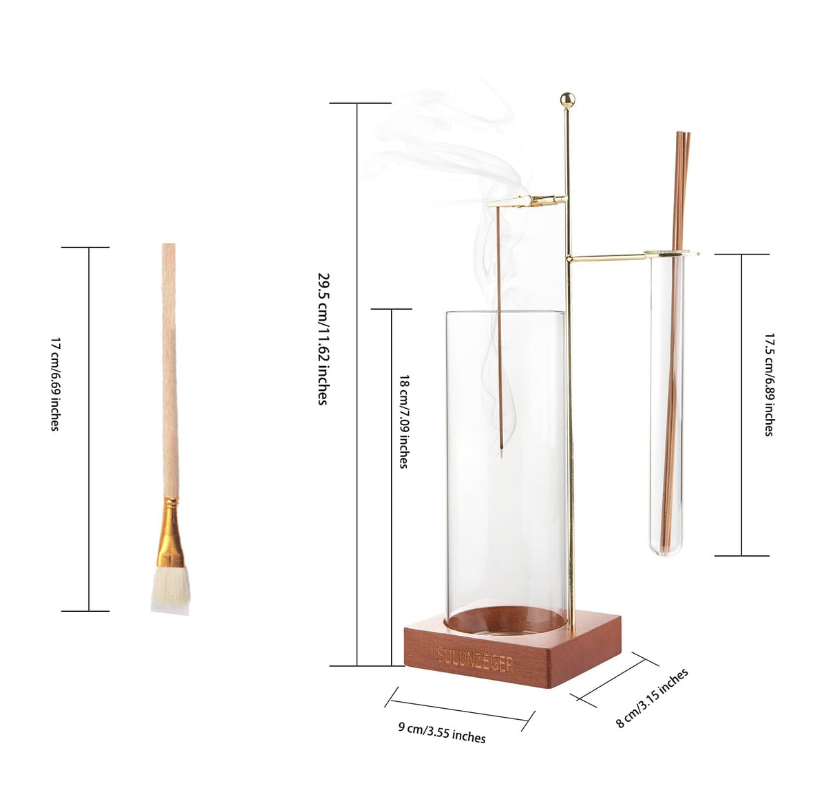 SULUNZEGER Incense Holder for Stick, Glass Insence Burner for Sticks with Removable Anti Ash Catcher & Storage Tube, Wood Cones Holders Stand with Ash Brush, Yoga Spa Madiation Relaxation, Home Decor