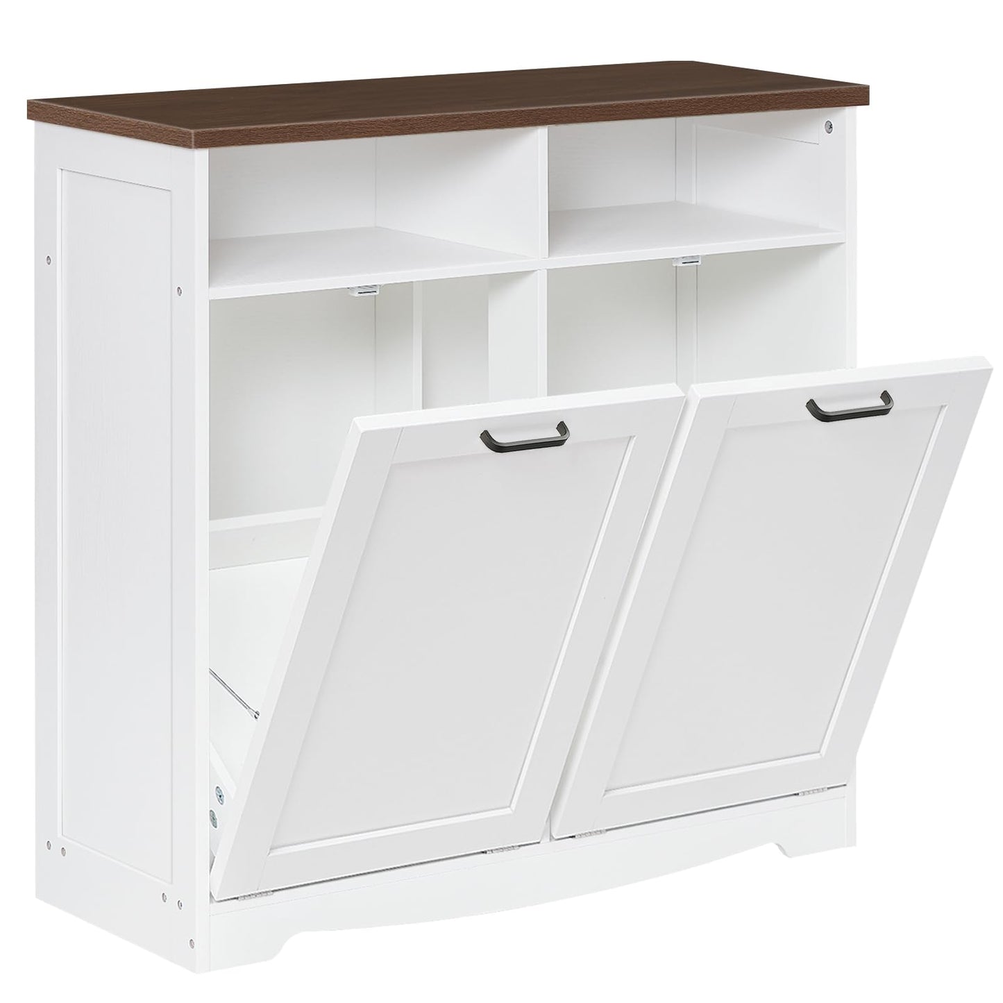 HOOBRO Double Tilt Out Trash Can Cabinet, 20 Gallon Kitchen Trash Bin Cabinet, Hidden Trash Storage with Open Compartments, Hidden Laundry Hamper, for Kitchen, Laundry, White and Walnut WH04LJ01