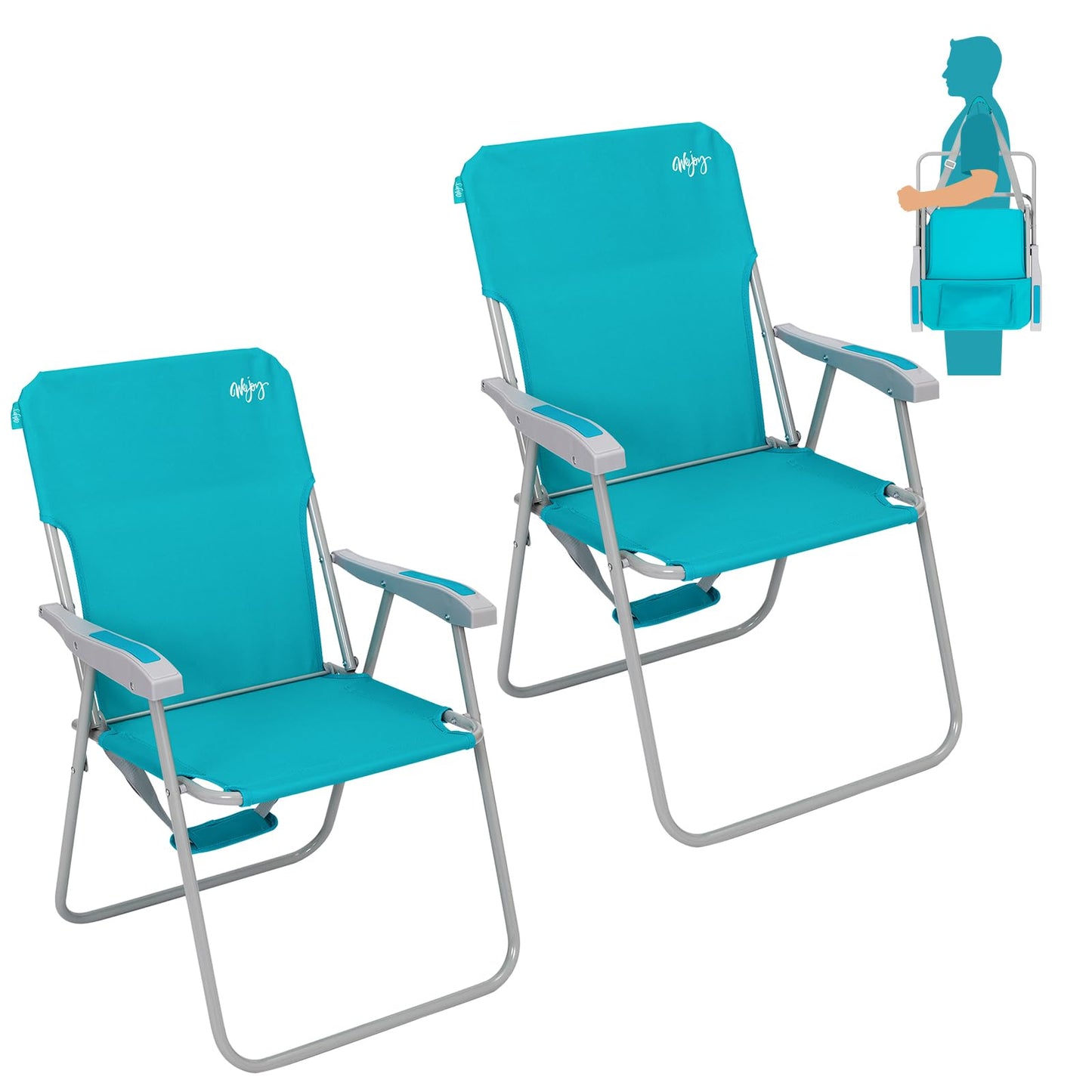 #WEJOY Tall Folding Beach Chair for Adults, Lightweight Beach Chair with Shoulder Straps, High Back Camping Chairs with Hard Armrest, Supports 300lbs for Outdoor Lawn Concert, 2 Pack (Cyan)