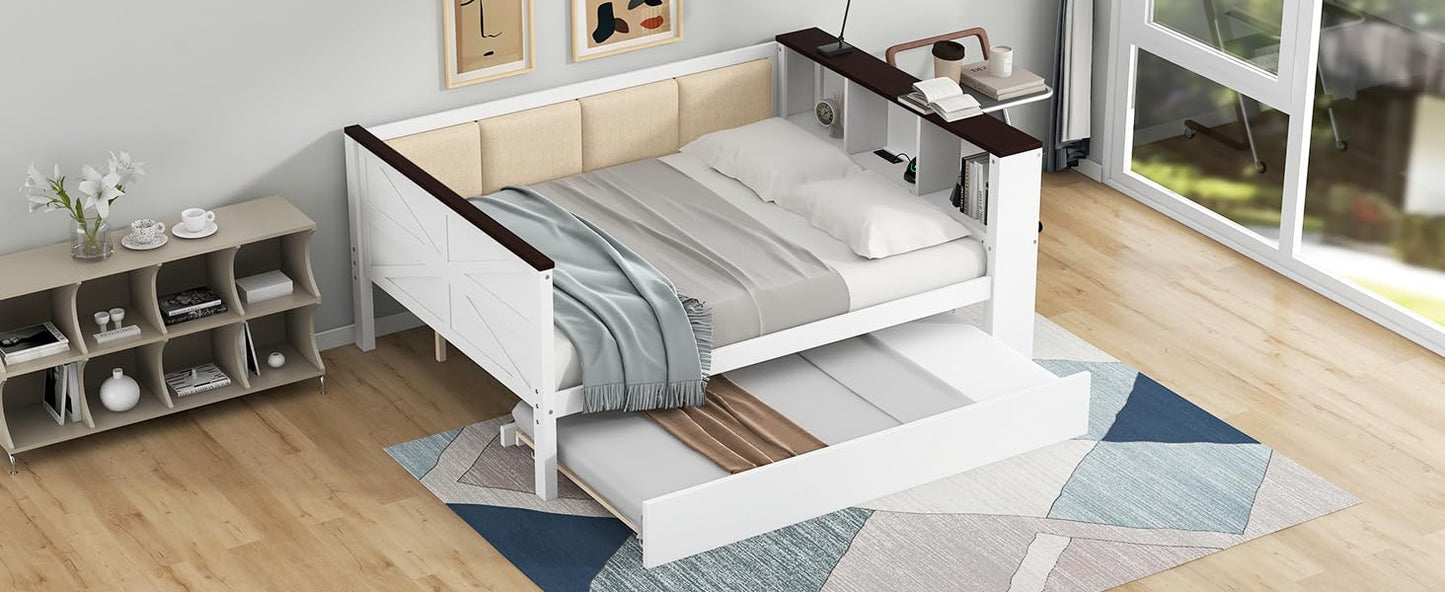 GVCXZBSS Full Size Wood Daybed with Storage Shelves, Upholstered Backrest,USB and Trundle, White