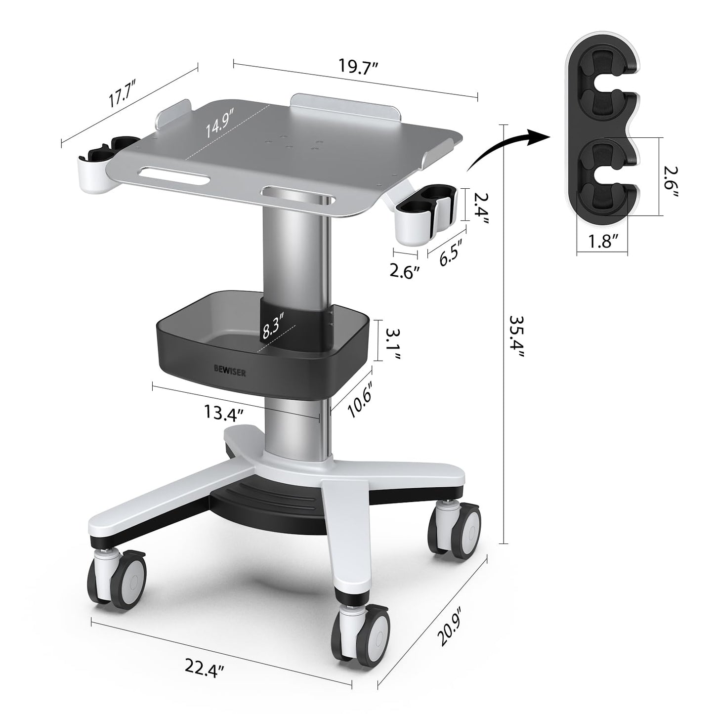 BEWISER Medical Trolley Laptop Cart with Oral Scanner Holder, Mobile Workstation on Lockable Wheels, Ultrasound Scanner Storage Cart for Hospital Dental Clinic, Salon and Labs