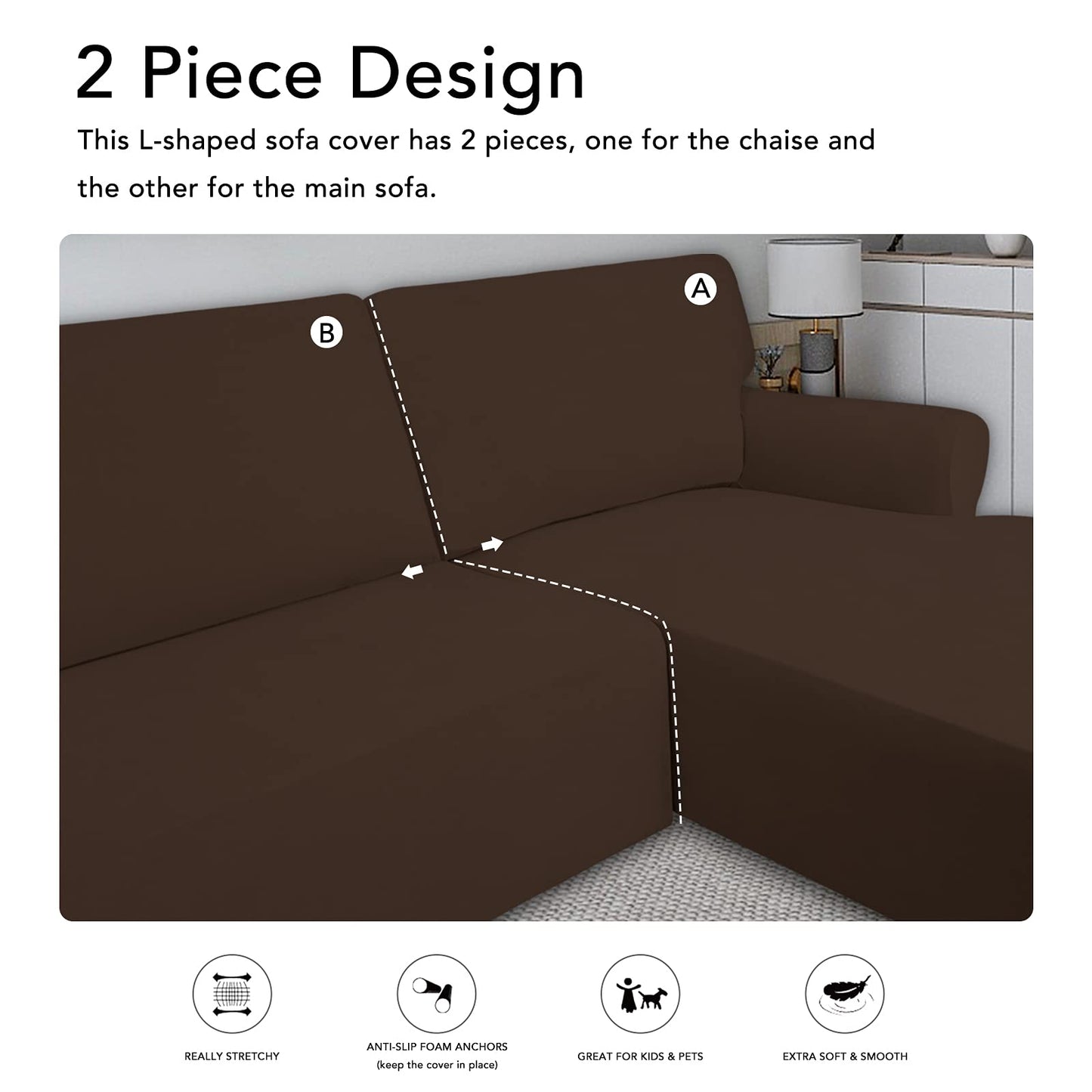 PureFit Super Stretch Sectional Couch Covers - 2 pcs Spandex Non Slip Sofa Covers with Elastic Bottom for L Shape Sectional Sofa Couch, Great for Kids & Pets (3 Seat Sofa + 3 Seat Chaise, Coffee)