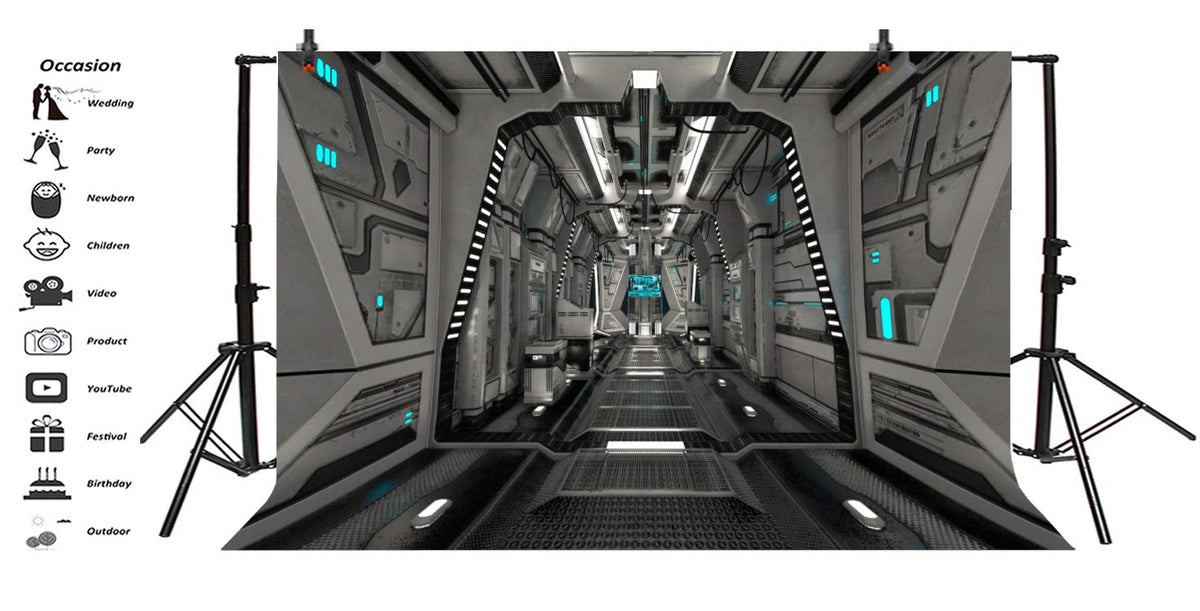 ZJRBJB 10x8ft Spaceship Wars Interior Galaxy Backdrop Outer Space Star Space Station Astronaut Spacecraft Background Universe Adventure Asteroid Science Fiction Birthday Banner Photo Booth
