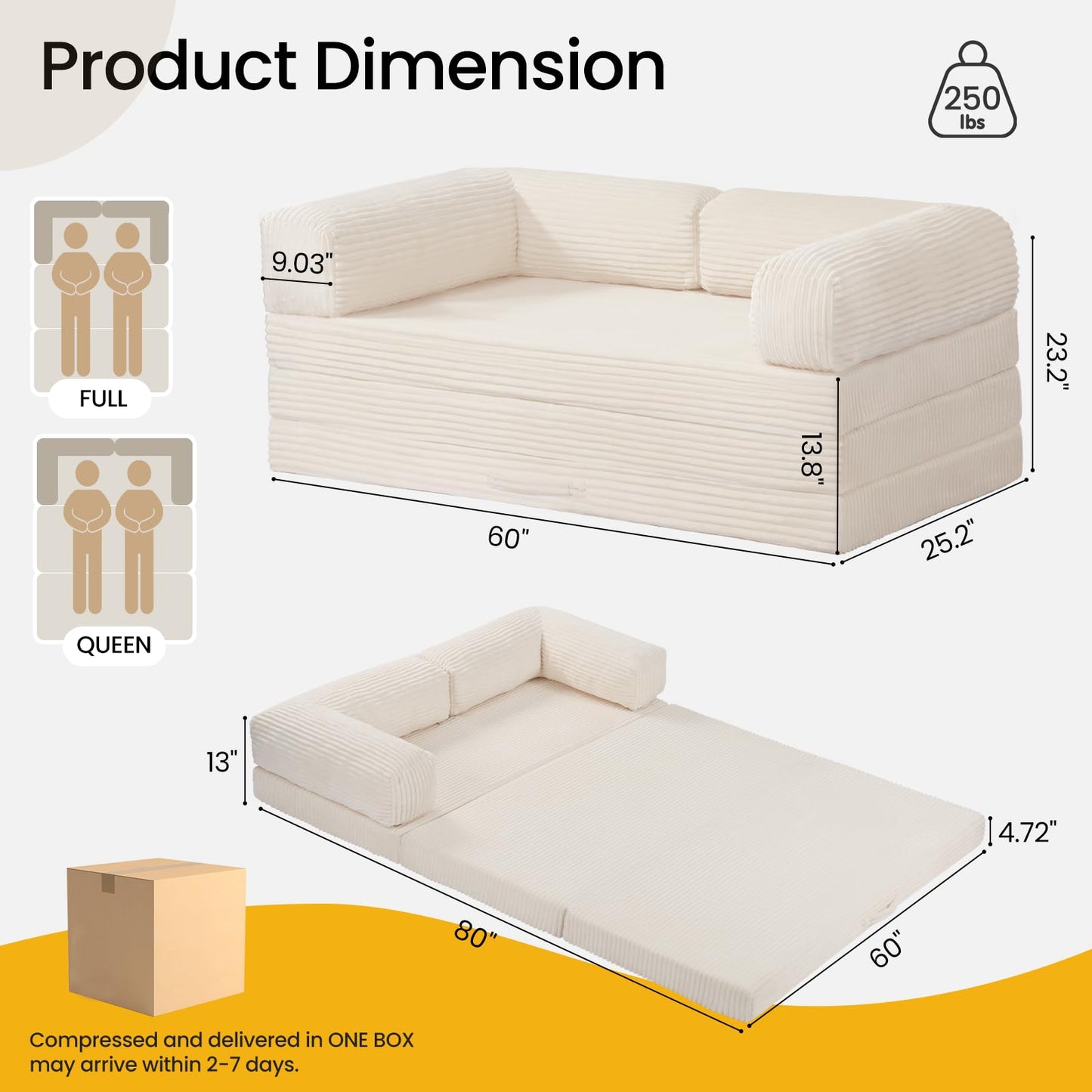 Erament Convertible Sofa Bed, Tri-Folding Mattress Queen with Removable Armrests & Washable Cover, Foldable Small Pull Out Couch Bed with High-Density Foam, Beige