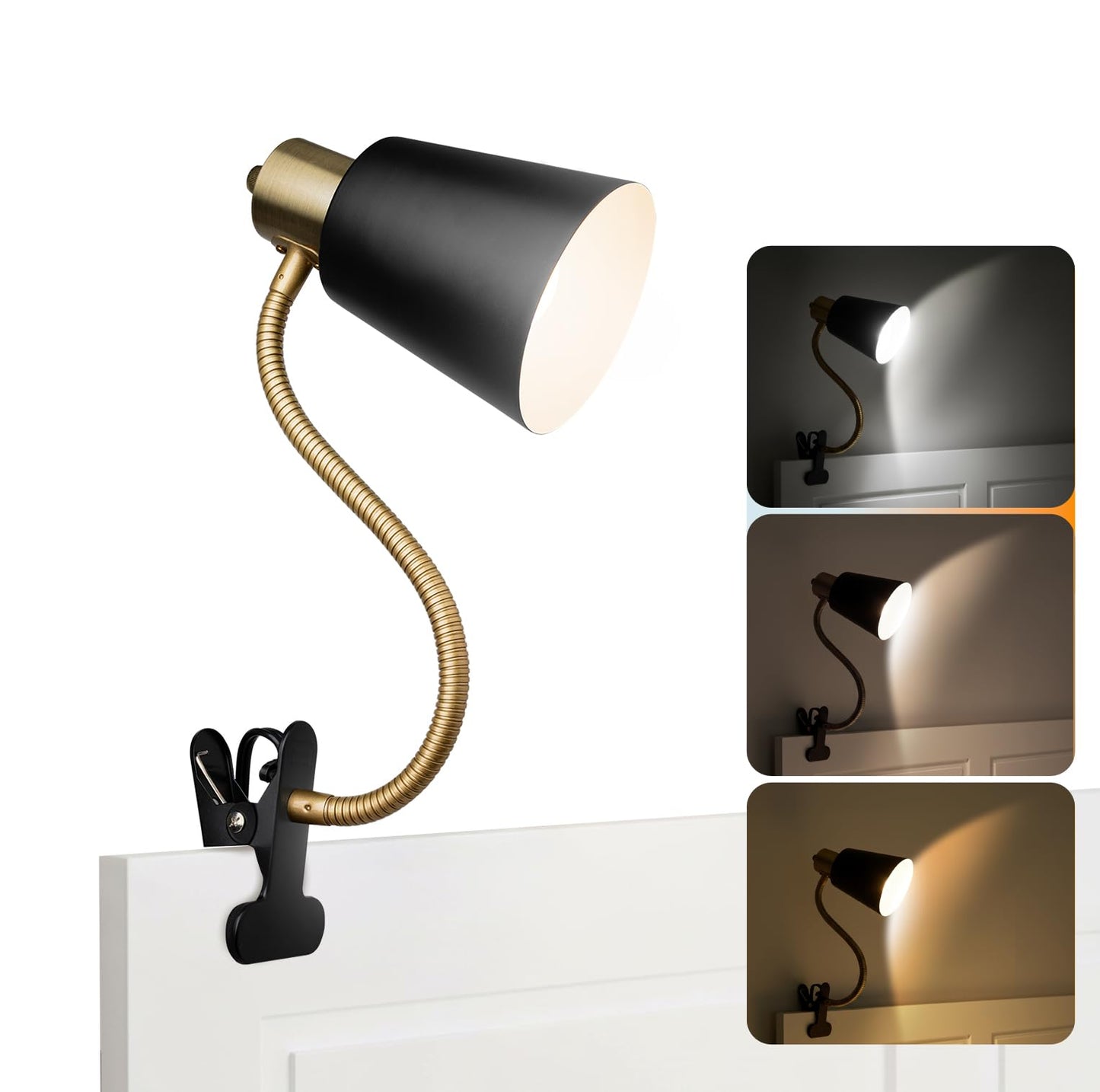 Desk lamp Eye-Caring Table Lamps, 360°Rotation Gooseneck Clip on Lamp Reading Light, Portable Reading Book Light, Clamp Light, Study Desk Lamps for Bedroom and Office Home Lighting (Black and Gold)