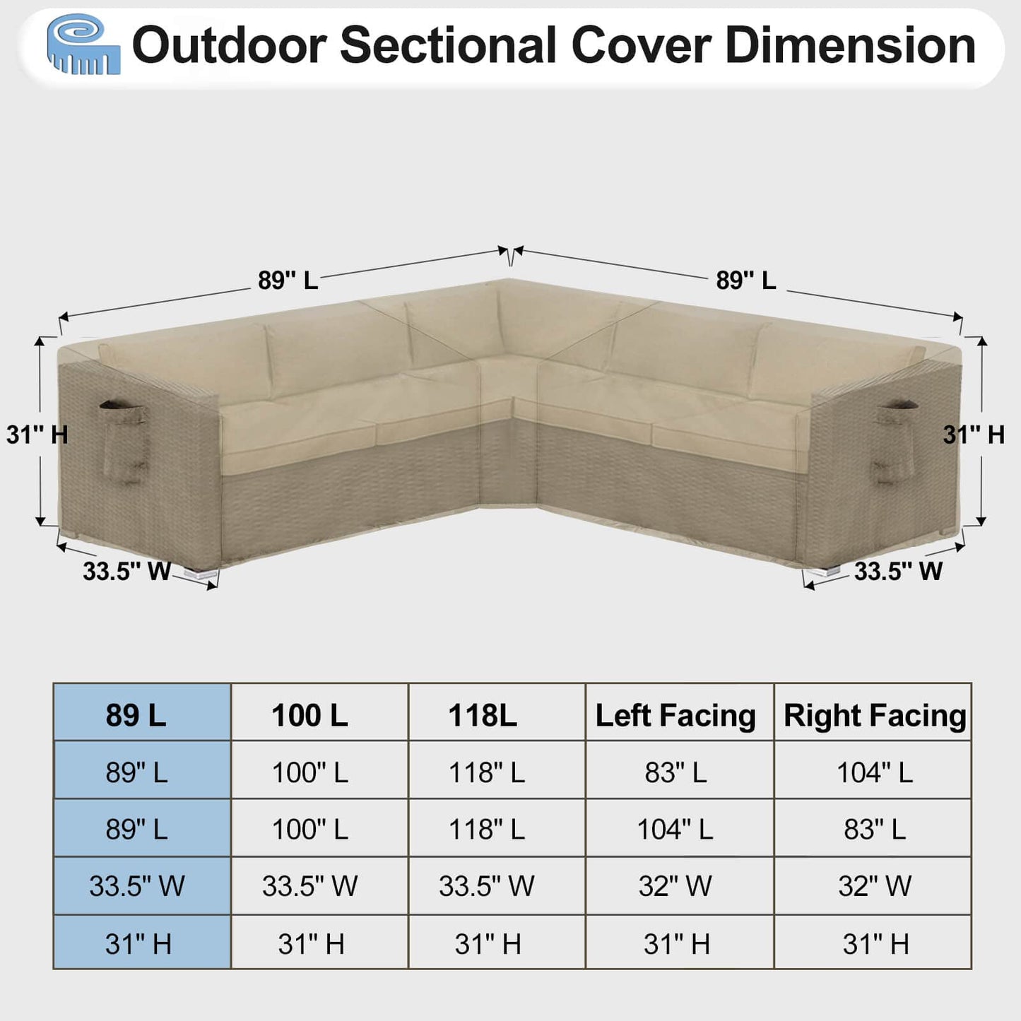 OutdoorLines Waterproof Outdoor Patio Sectional Cover - UV Resistant & Windproof V-Shaped Patio Furniture Covers for Deck, Lawn and Backyard, 420D Heavy Duty Couch Cover 89" L (on Each Side) Camel