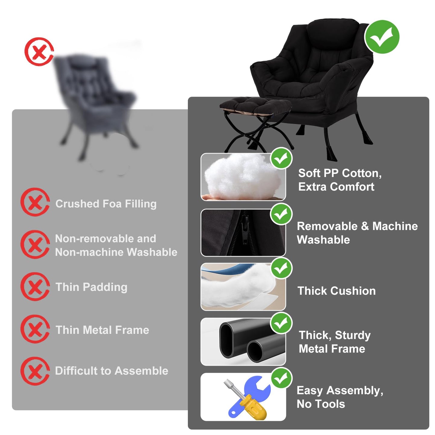 Furlide Lazy Chair with Ottoman, Modern Accent Chair with Armrests and a Side Pocket, Black Accent Chairs, Reading Chairs, Oversized Armchairs for Bedroom, Study, Living Room, Courtyard