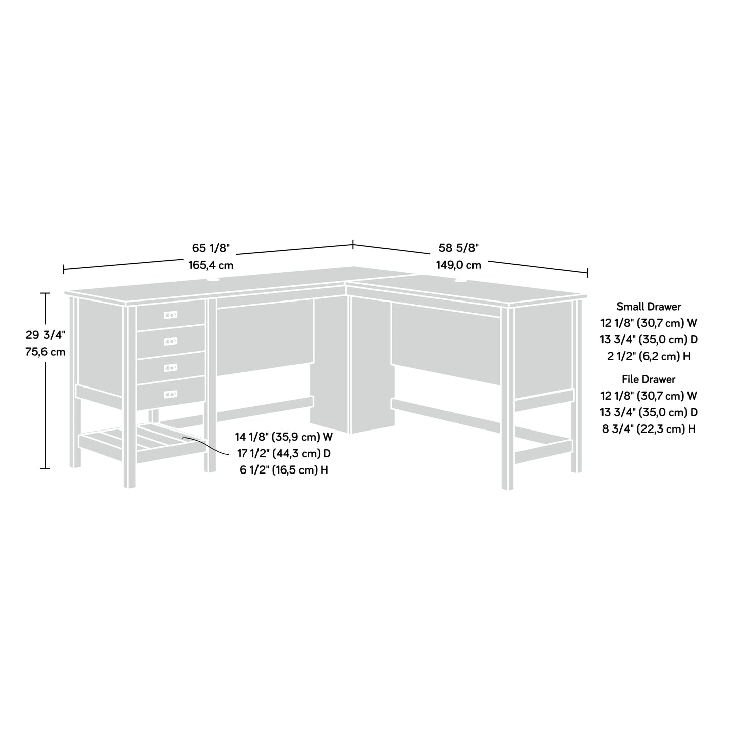 Sauder Cottage Road L Shaped Desk Computer Desk with Drawers, Home Office Desk with Optional File Cabinet Storage, Cable Management, in Raven Oak Finish