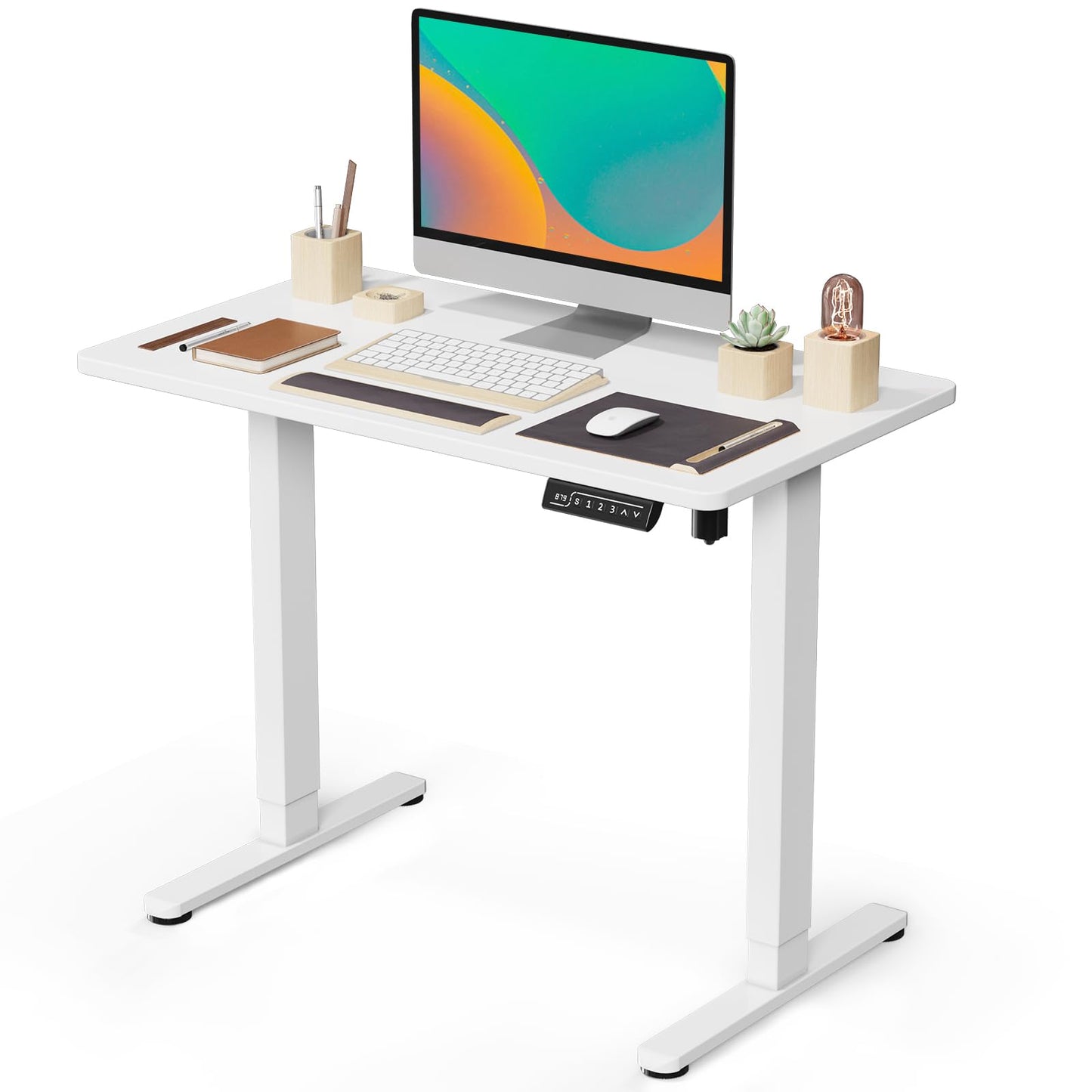 JOY worker Small Electric Standing Desk, 35" x 20" Whole Piece Height Adjustable Desk with Memory Controller, White Sit to Stand Desk Workstation for Home Office