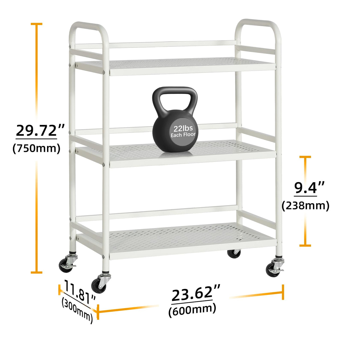 HDANI 3 Tier Metal Rolling Heavy Cart Supports 40 Lbs Per Tier,Mesh Rolling Cart with 2 Lockable Wheels for Office,Home,Bedroom,Kitchen,Bathroom(White)