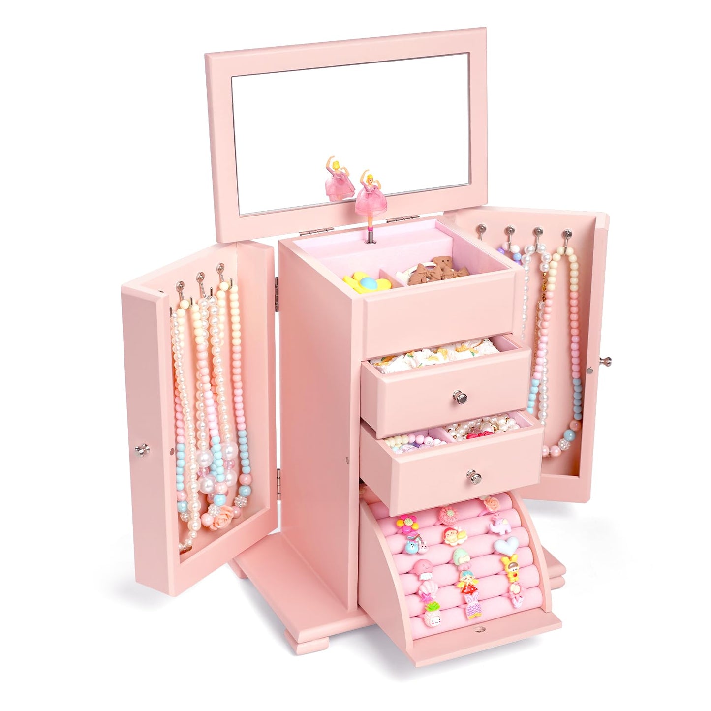 Emfogo Musical Jewelry Box for Girls, Large Kid Music Box with Ballerina for Birthday Bedroom Decor, 5 Layer Girl Jewelry Gifts for Girls Kids - Pink