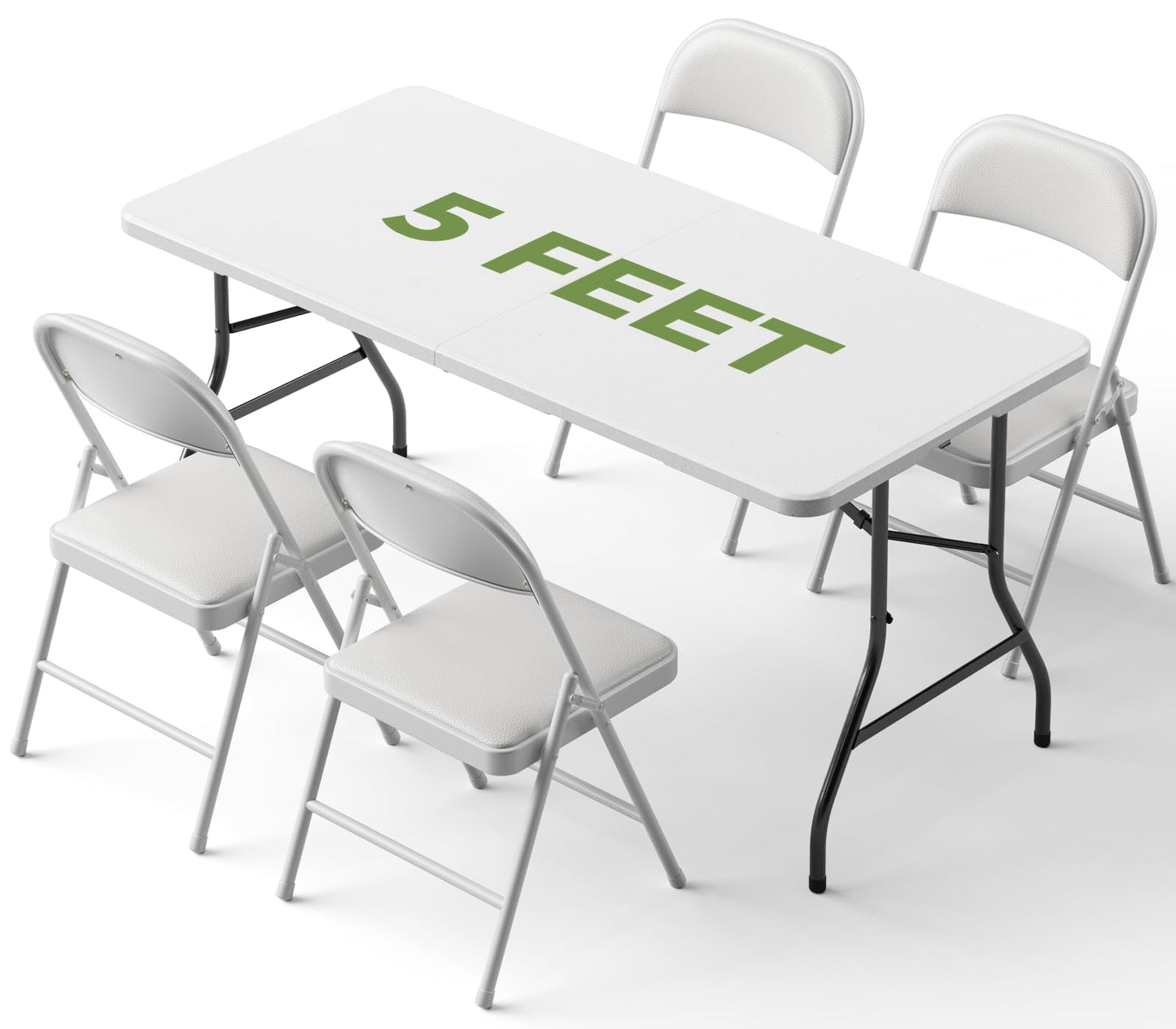 Folding Dining Table Set for 4, 5FT Foldable Plastic Table with Carrying Handle & 4 PU Leather Padded Folding Chairs, Portable Table and Chairs Set for Indoor Outdoor, Party, Wedding, Picnic, Camping