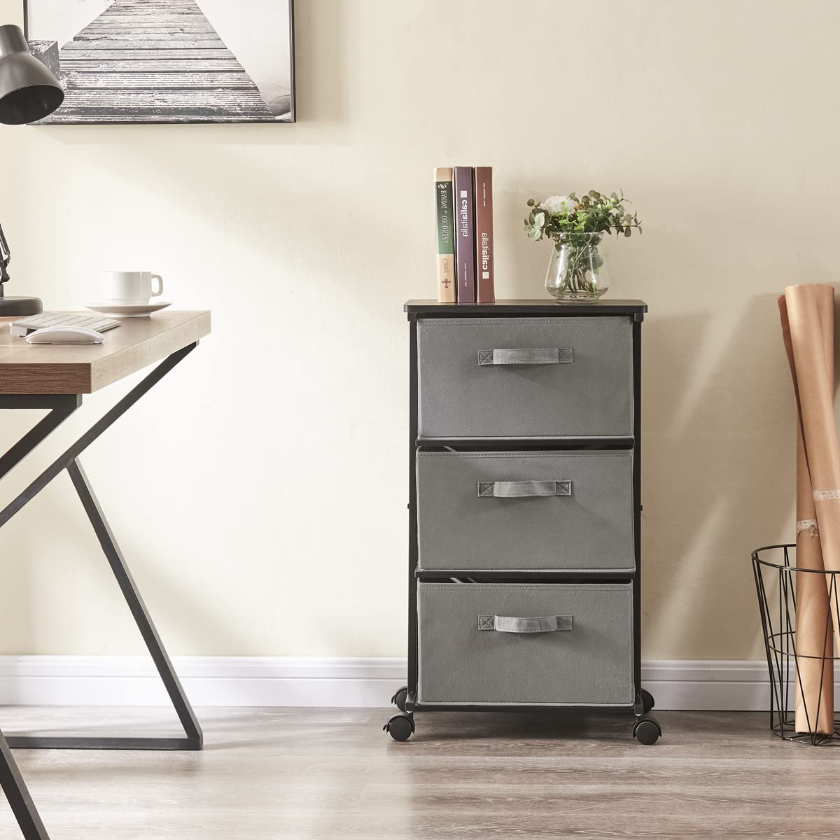 MAX Houser Dresser Tower with 3 Drawers for Bedroom, Fabric Storage Organizer Unit, Chest of Drawers with with WoodTop, Small Vertical Storage for Guest Room, Closet, Entryway(Grey)