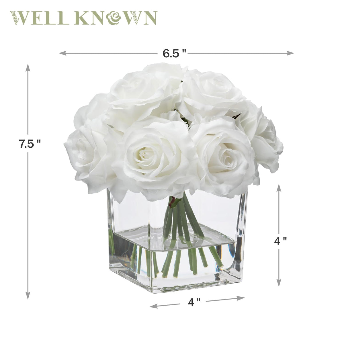 WELL KNOWN Rose Artificial Flowers in Vase with Faux Water, Ivory White Silk Rose Table Centerpieces for Home Coffee Table Decor, Fake Roses Flower Arrangements for Office Hotel Lavatory Decor