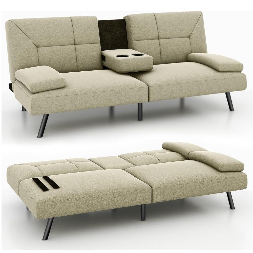 Convertible Linen Fabric Lounge Couch with Cup Holders