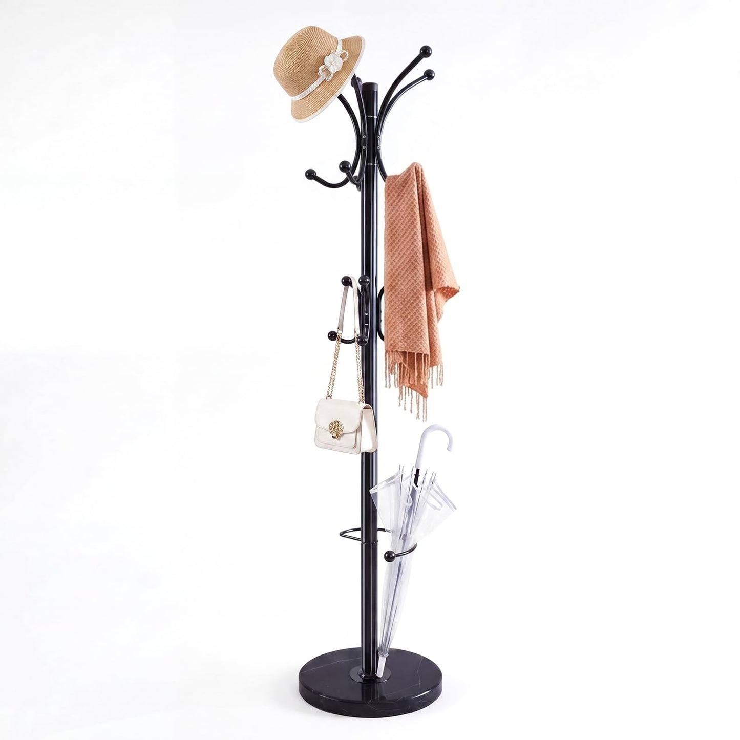 DongRong Metal Coat Rack Freestanding with Natural Marble Base, 360° Roraty Coat Rack Stand with 16 Hooks & Umbrella Holder, Black Heavy Duty Coat Rack for Coats Hats for Entryway Bedroom (Black)