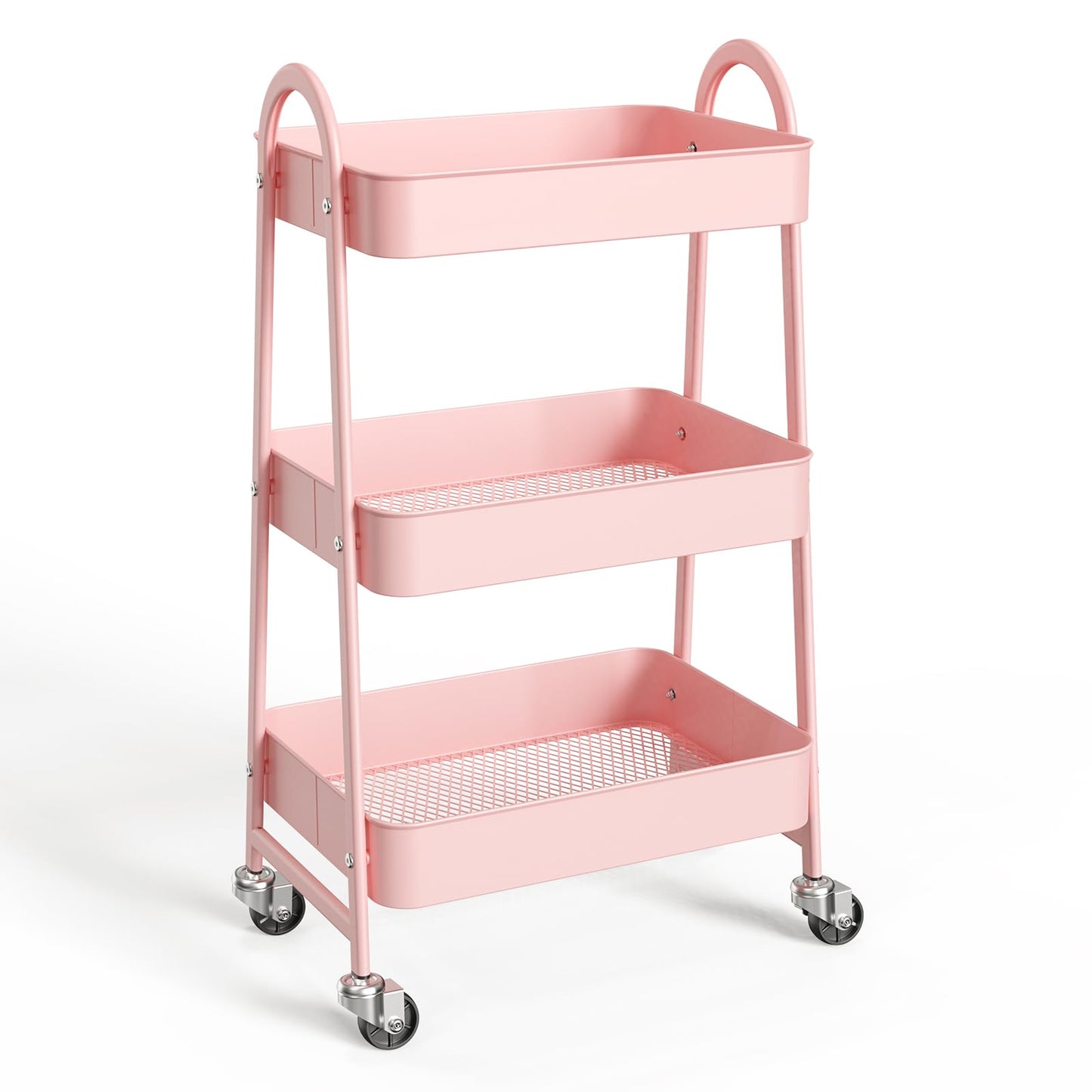 NEWBULIG 3-Tier Metal Rolling Cart with Lockable Wheels, Heavy Duty Mobile Utility Storage Shelf, Roller Book Snack Cart, Organization for Livingroom, Bathroom, Office, Pink