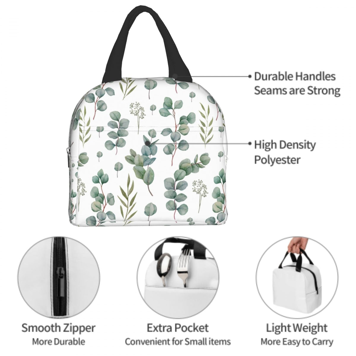 Giwawa Eucalyptus Leaves Lunch Bag Green Leaf Insulated Durable Handbag Portable Cooler Organizer Lunch Box for Work Office Travel Picnic