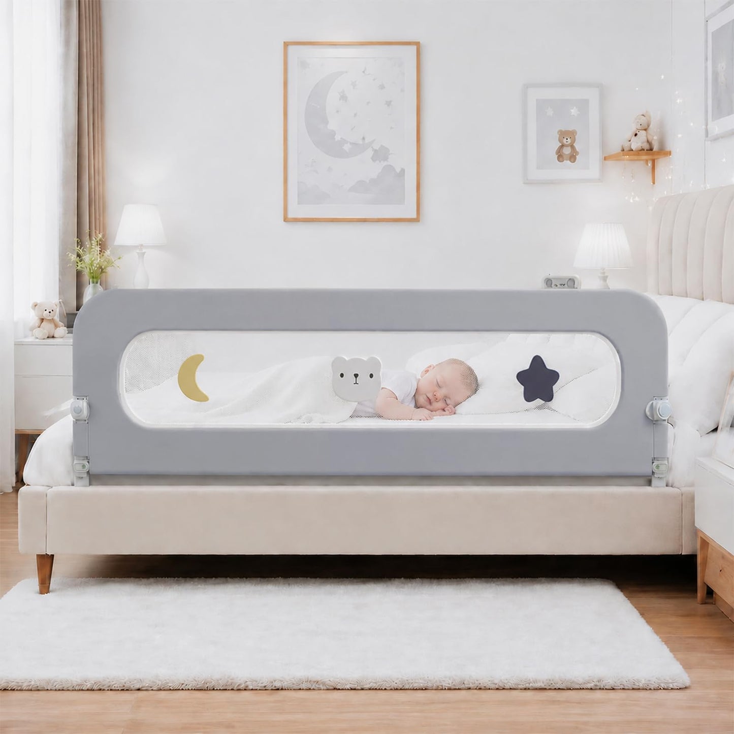 HIQNWTO Bed Rail for Toddlers, Foldable Baby Bed Rail Guard, Adjustable, Safety, Convenient, Guard Rails with Twin, Full, Queen& King Size (Gray Cartoon, 71inch)