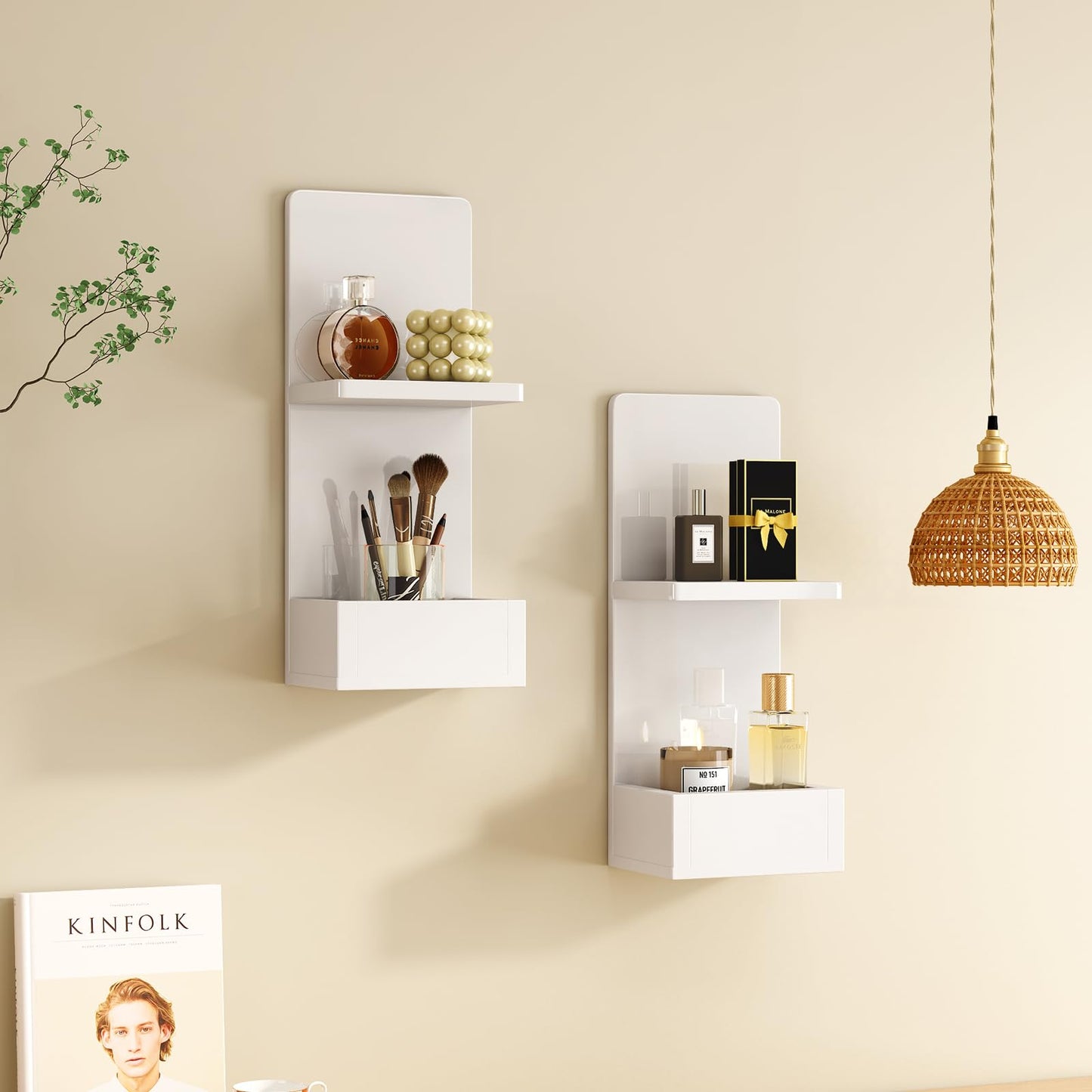 POCURBAN 2-Tier White Floating Wall Shelf, 20x8x6 Wall-Mounted Wooden Beside Shelf/Nightstand for Home Décor, Plants, Cosmetics, Bathroom, Kitchen, Bedroom Storage (White with Box)